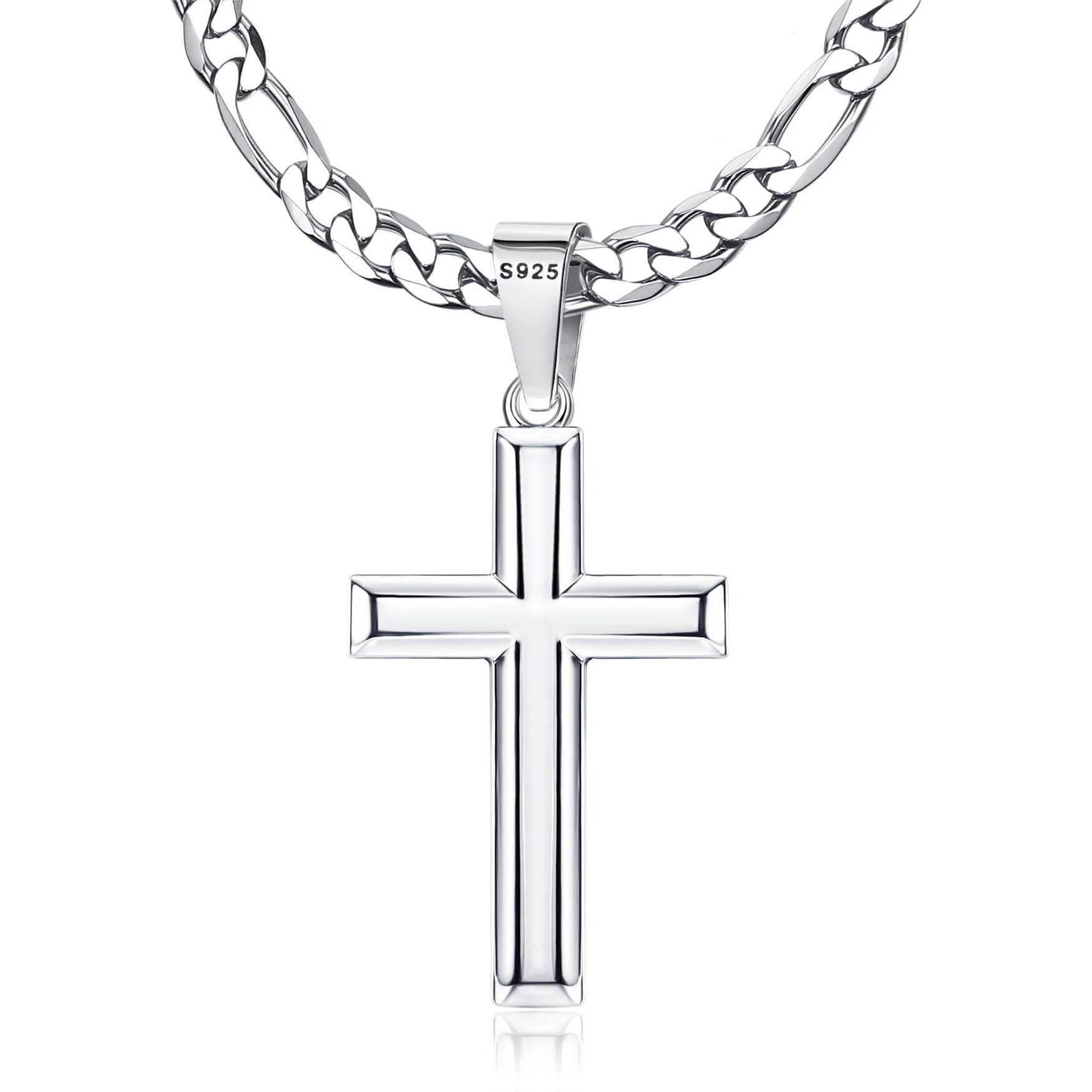 Milacolato 925 Sterling Silver Cross Necklace For Men Women, 5Mm Durable Stainless Steel Diamond-Cut Figaro Chain With Big Beveled Edge Sterling Silver Cross Pendant, Mens Silver Crucifix Cross Necklaces Jewelry 18 Inches