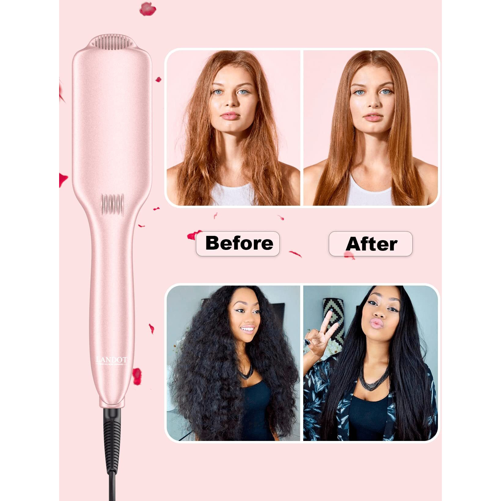 Landot Ceramic Hair Straightener Brush Negative Ion Heated Straightening Brush For Smooth Frizz-Free Hair - Dual Voltage 100-240V Fast Heating Ajustable Temp 250F-450F