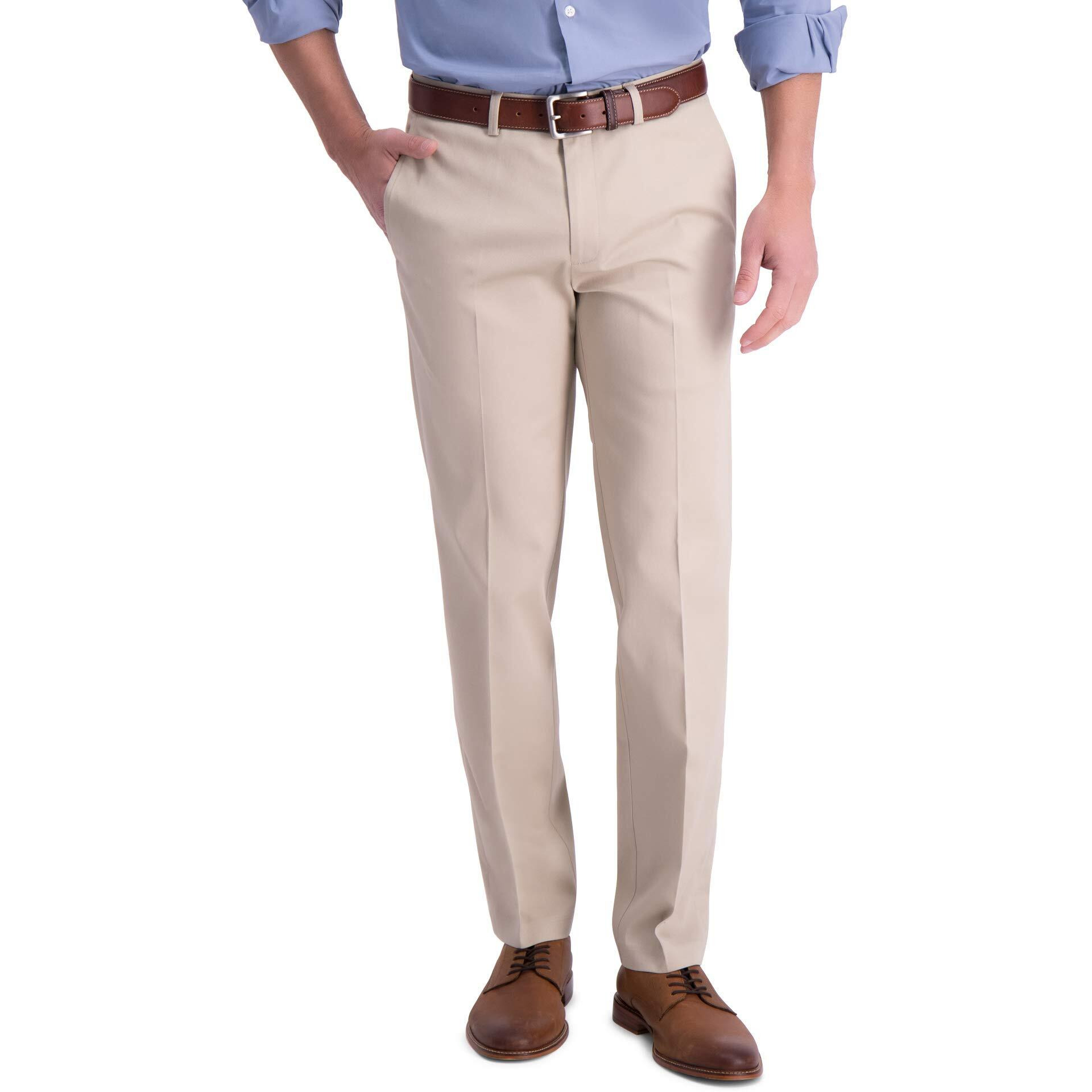 Haggar Mens Iron Free Premium Khaki Straight Fit Flat Front Flex Waist Casual Pants, Sand, 42W X 32L Us