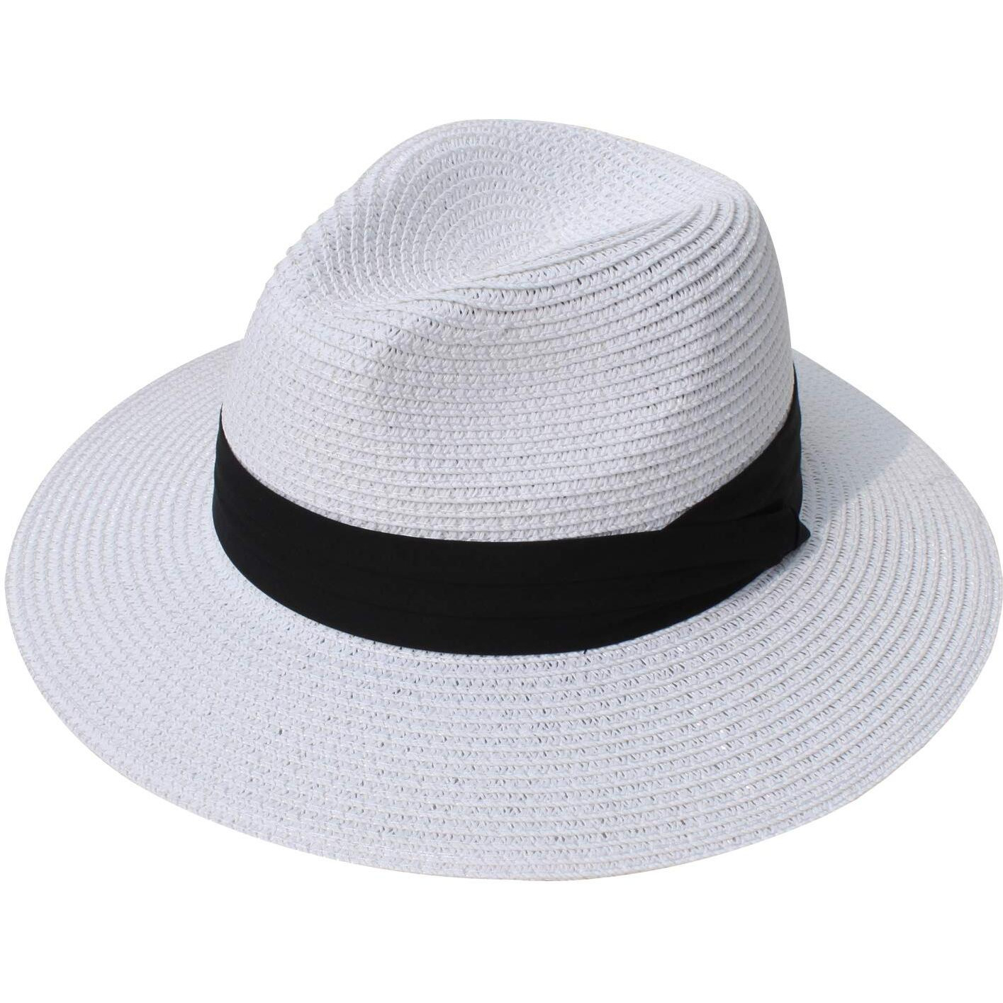 Dreshow Women Straw Panama Hat Fedora Beach Sun Hat Wide Brim Straw Roll Up Hat Upf 50 White