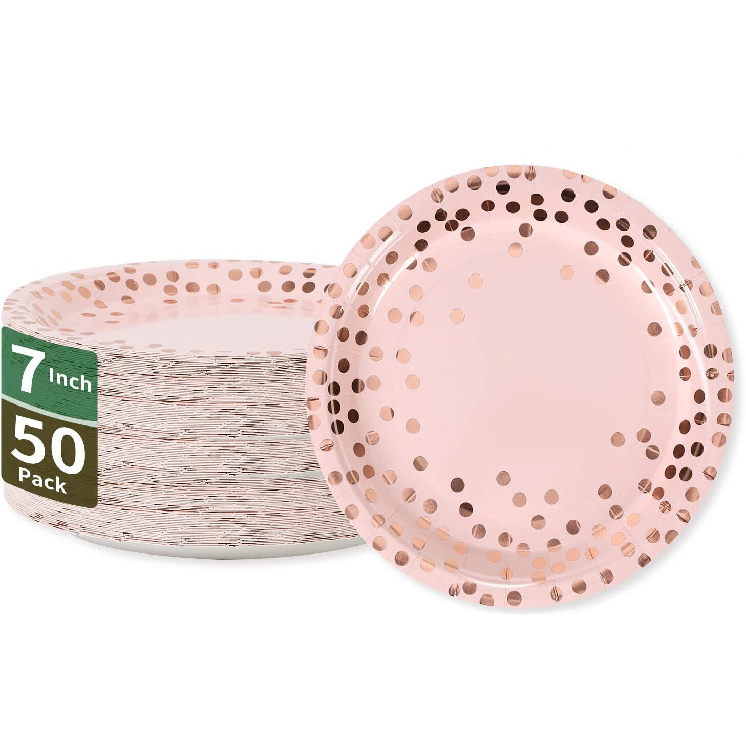 Cenlbj Pink  Rose Gold Dots Party Paper Plates, 50 Pcs Disposable Party Supplies Dessert Paper Plates For Birthday Party Wedding Bridal Shower Party Supplies (7 Inches)