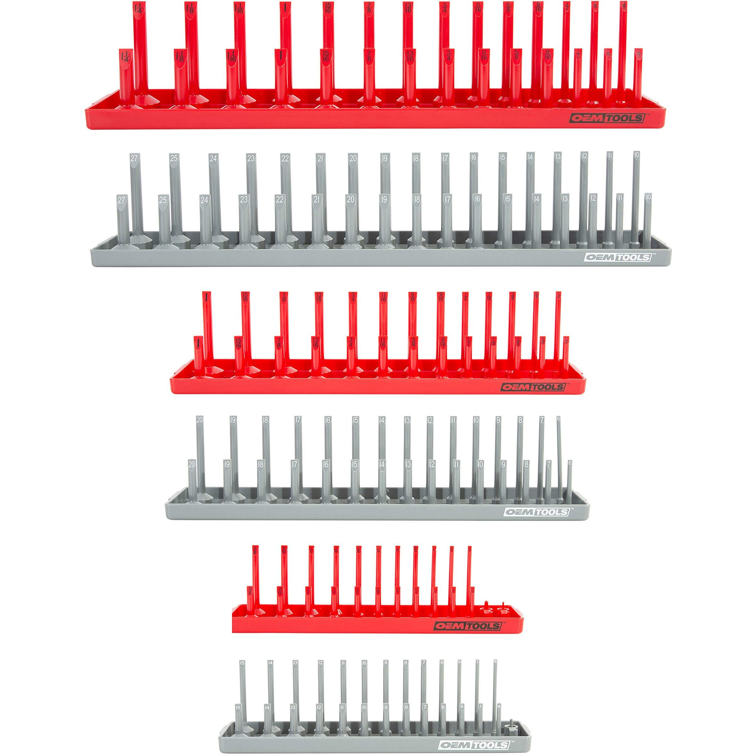 Oemtools 22413 6 Piece Sae And Metric Socket Tray Set (Red And Gray), 14, 38, And 12 Drive Socket Holders Organizers For Tool Box
