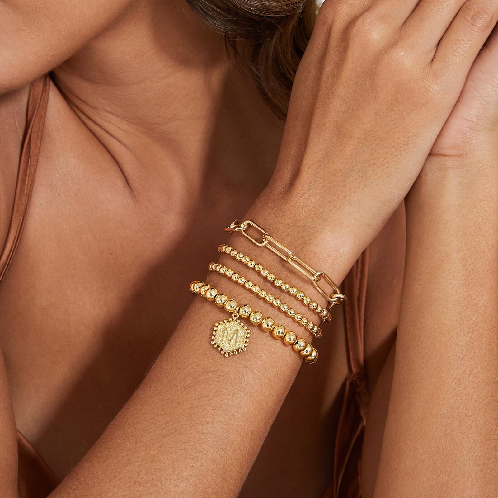 Doubgood Gold Bracelets For Women, Stackable Initial Beaded Bracelet With Letter Pendant M Stretch Trendy Stack Jewelry Set For Mother 's Day Valentines Gifts For Her
