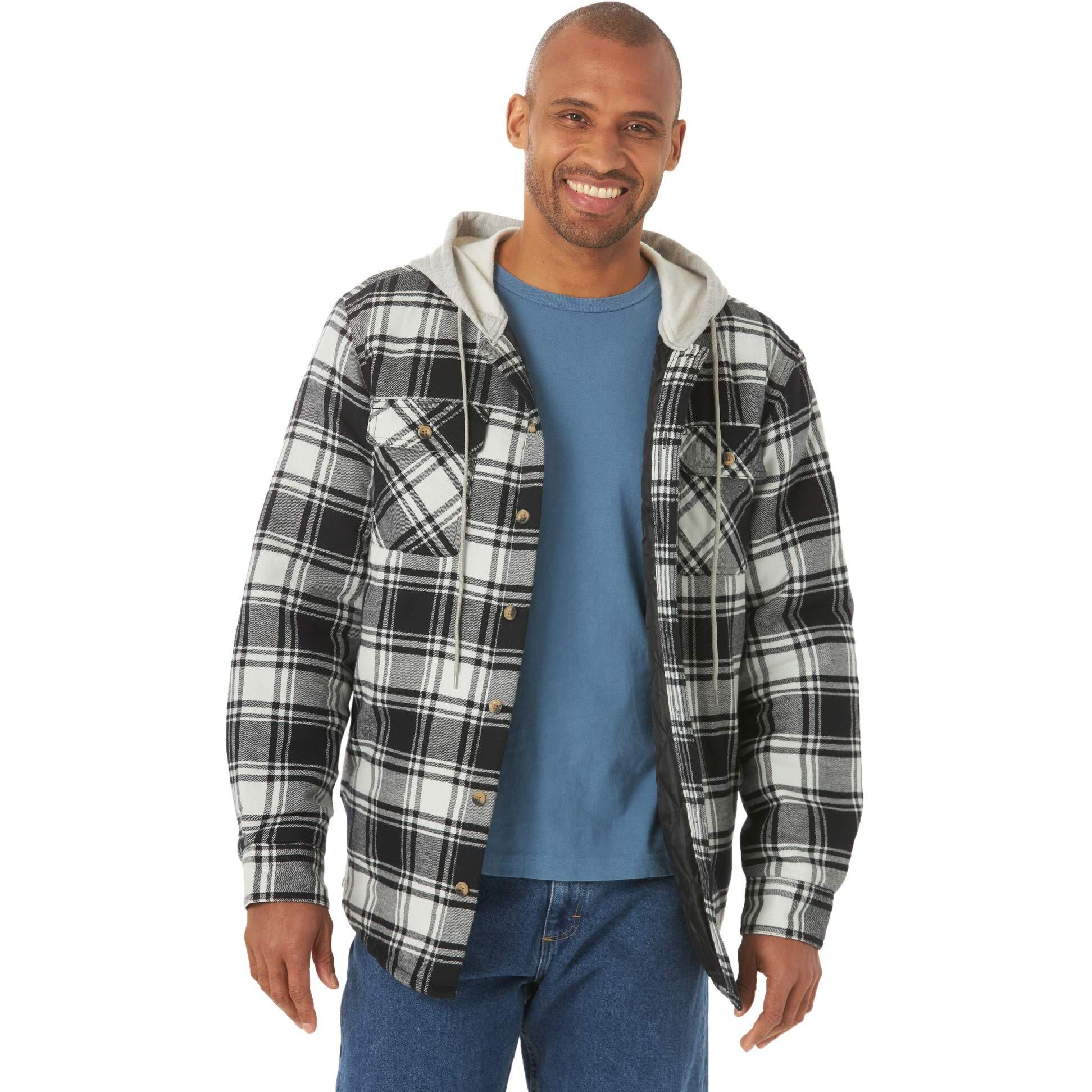 Wrangler Authentics Mens Long Sleeve Quilted Lined Flannel Shirt Jacket With Hood, Black Off-White, Medium