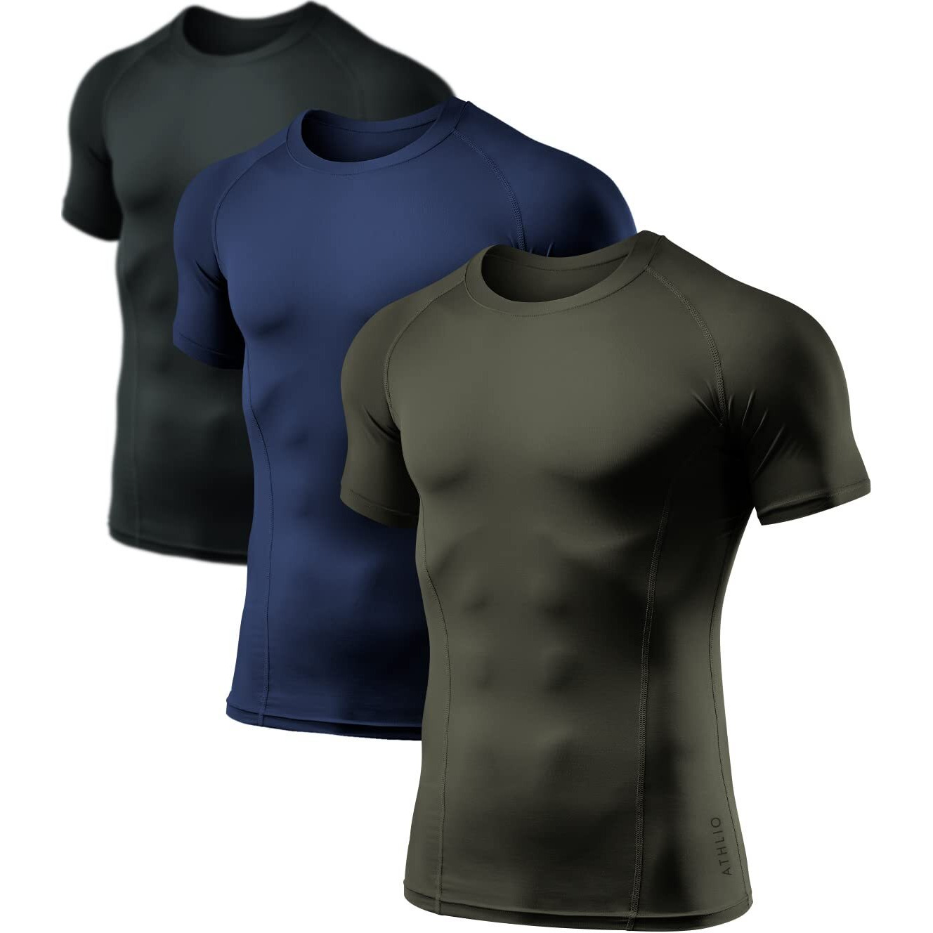 Athlio Mens Cool Dry Short Sleeve Compression Shirts, Sports Baselayer T-Shirts Tops, Athletic Workout Shirt, 3Pack Tops Blacknavyhunter Green, X-Large