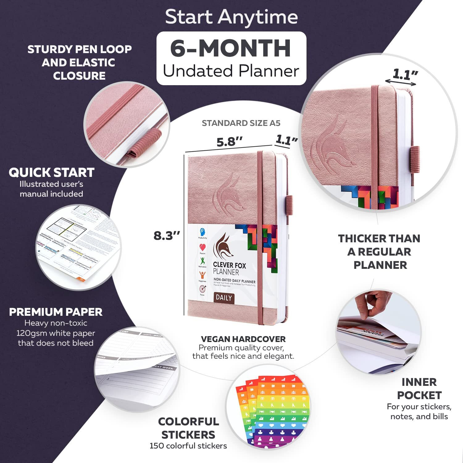 Clever Fox Planner Daily - Undated Agenda & Daily Calendar To Boost Productivity & Hit Your Goals - Gratitude Journal Personal Daily Organizer - 5.8X8.3'', Lasts 6 Months, Rose Gold (Daily)