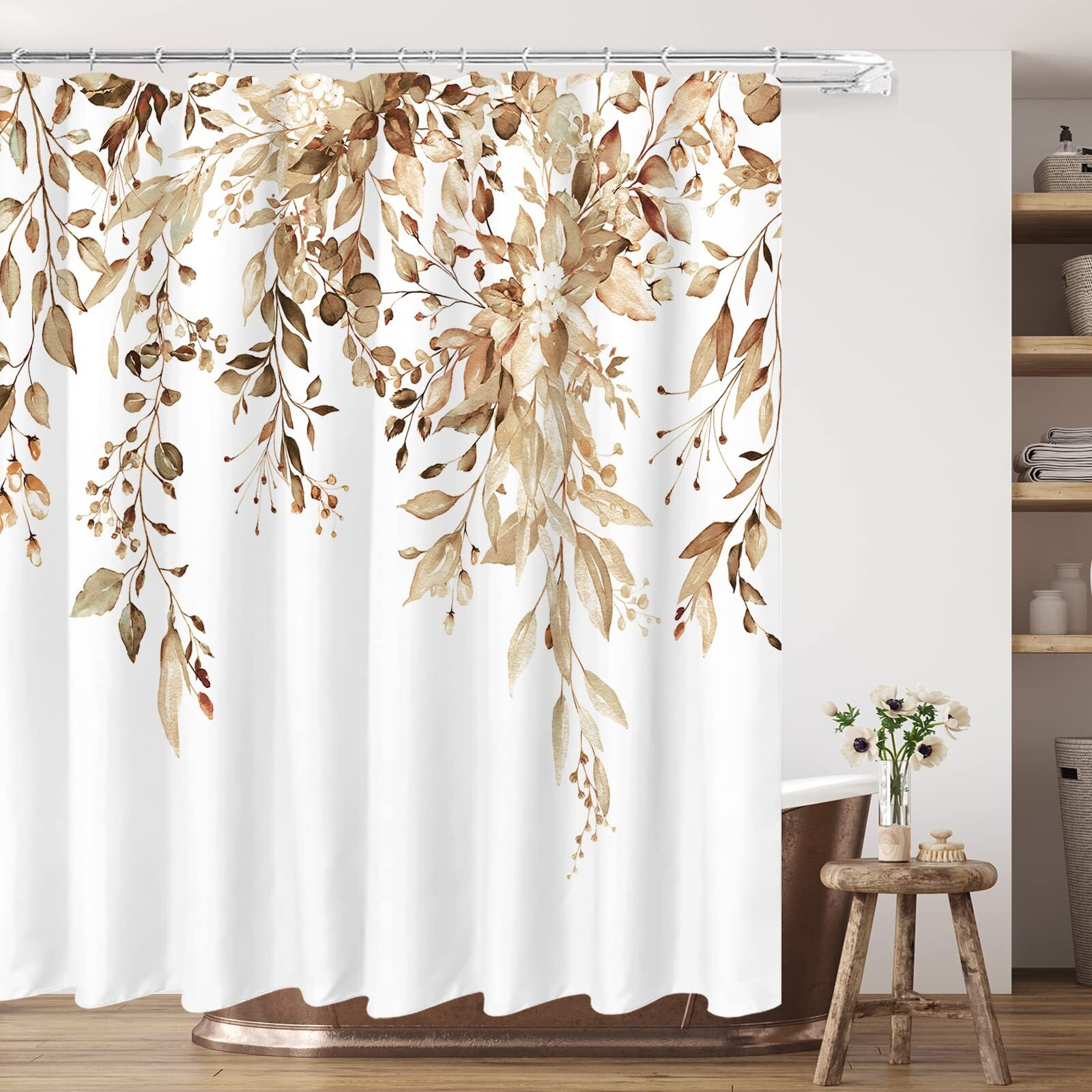 Tititex Tan Eucalyptus Shower Curtain, Watercolor Brown Leaves On The Top Plant With Floral Bathroom Decoration Shower Curtain Sets 72X72 Inch With Hooks