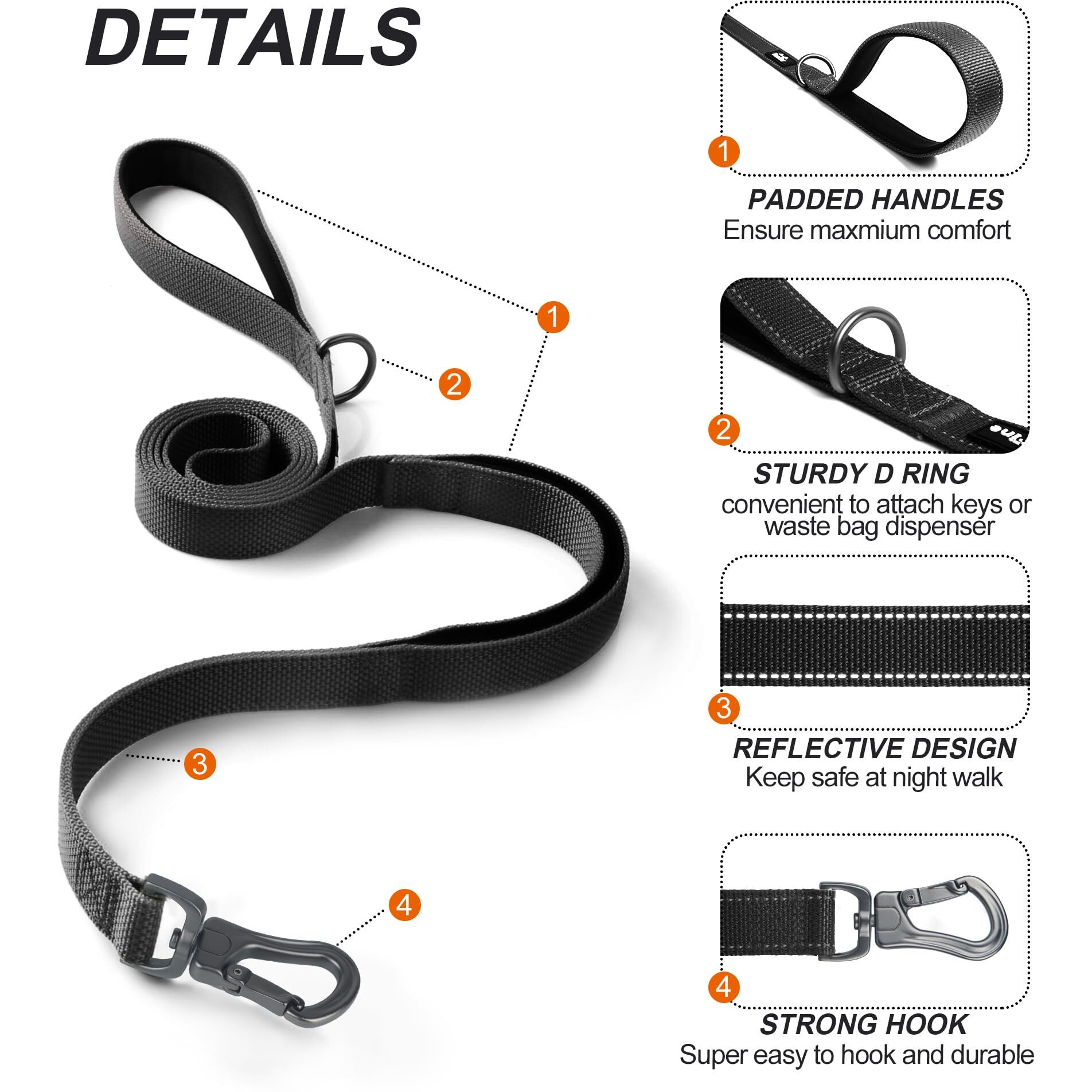 Twoear 5Ft 1In Strong Black Dog Leash With 2 Padded Handles, Traffic Handle Extra Control, Comfortable Soft Dual Handle, Auto Lock Hook, Reflective Walking Lead For Small Medium And Large Dogs