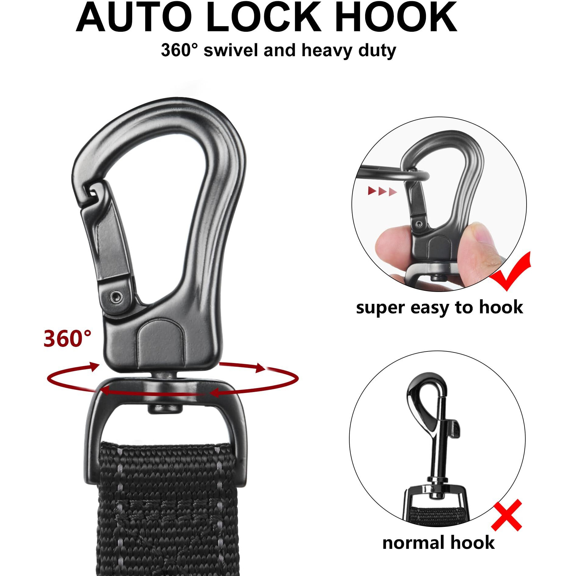 Twoear 5Ft 1In Strong Black Dog Leash With 2 Padded Handles, Traffic Handle Extra Control, Comfortable Soft Dual Handle, Auto Lock Hook, Reflective Walking Lead For Small Medium And Large Dogs