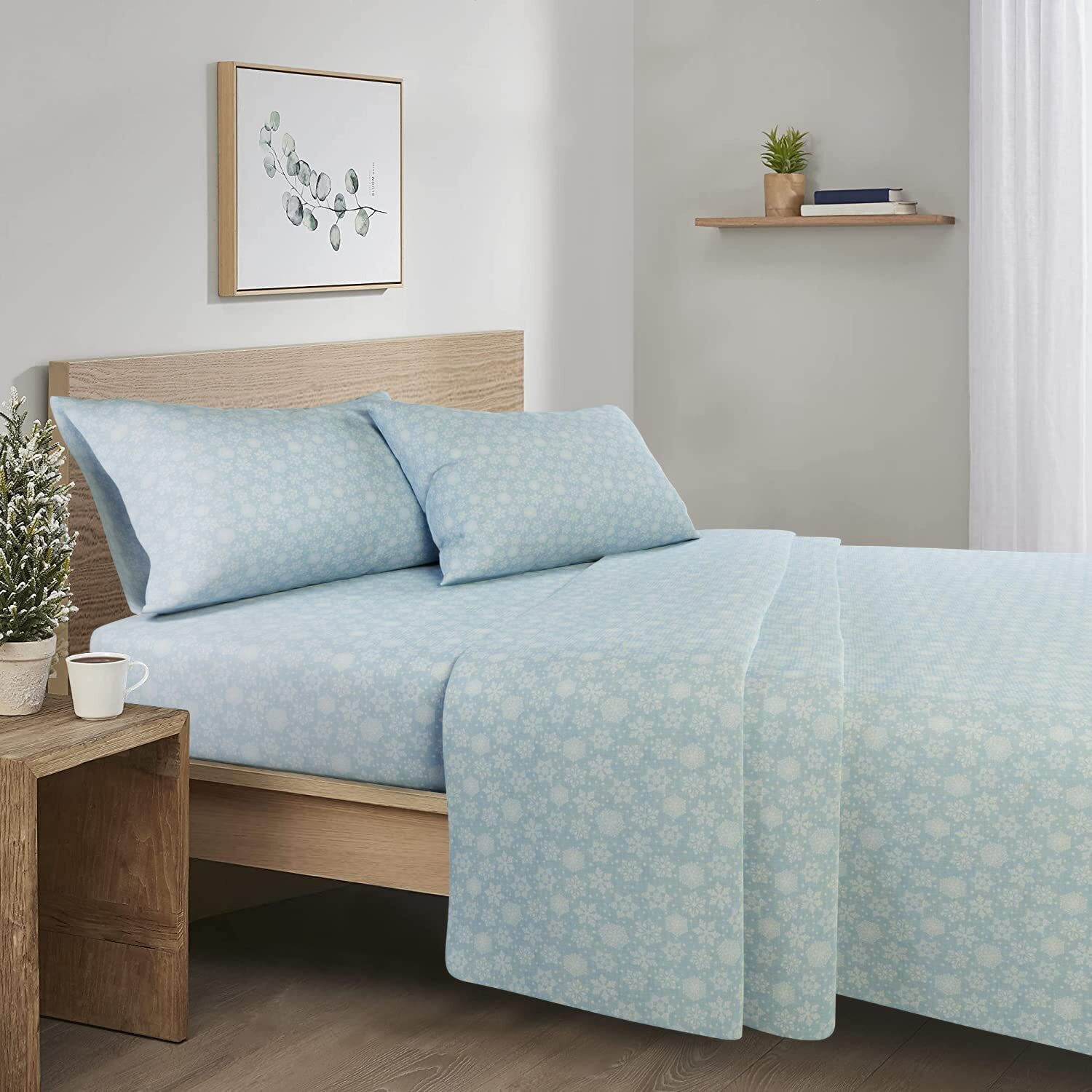 Comfort Spaces Cotton Flannel Breathable Warm Deep Pocket Sheets With Pillow Case Bedding, Queen, Blue Snowflakes 4 Piece