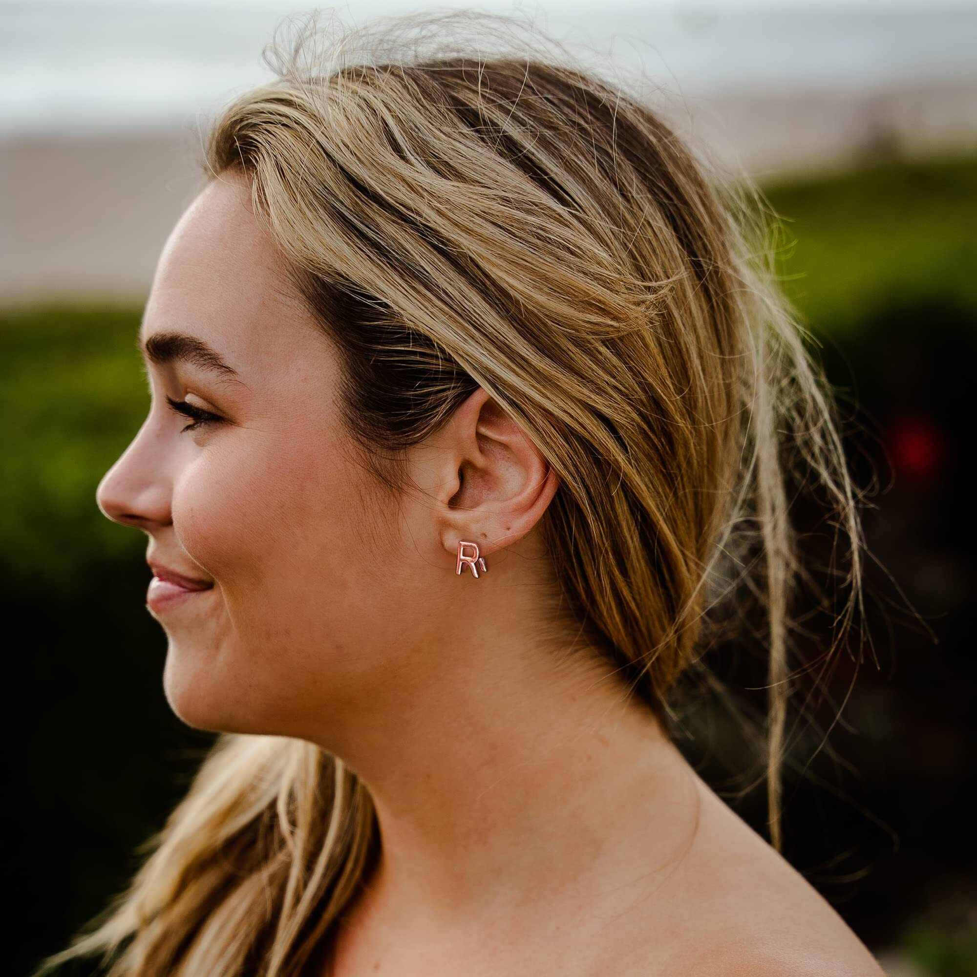 Sannyra R Rose Gold Plated Initial Stud Earrings For Women,Hypoallergenic Letter Earring, Trendy Jewelry Gifts For Her