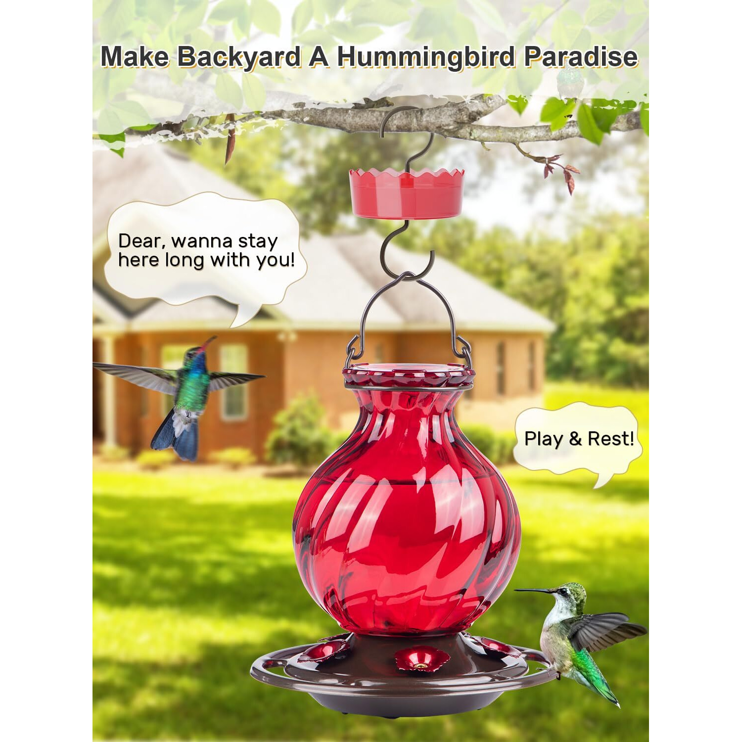 Hummingbird Feeder, Auslar 26 Ounces Glass Hummingbird Feeders For Outdoors Hanging Ant And Bee Proof, Ant Moat & 5 Flower Feeding Ports, Rustproof, Leakproof, Netted Flower Bud Shape Bottle, Red