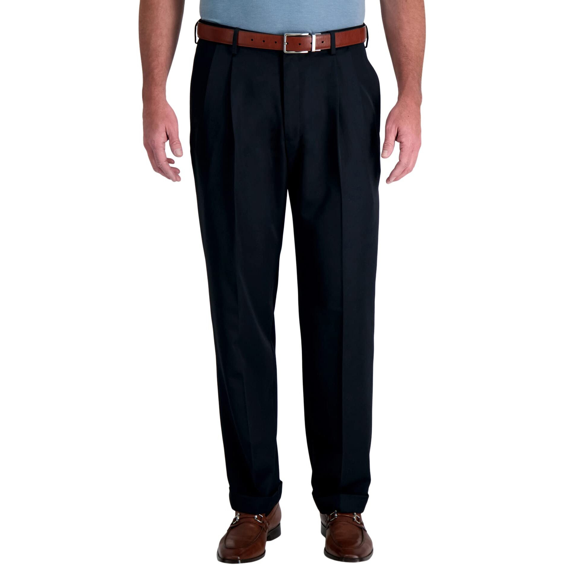 Haggar Mens Mynx Gabardine Hidden Expandable Waistband Classic Fit Front Pleated Dress Pant, Navy, 44X32