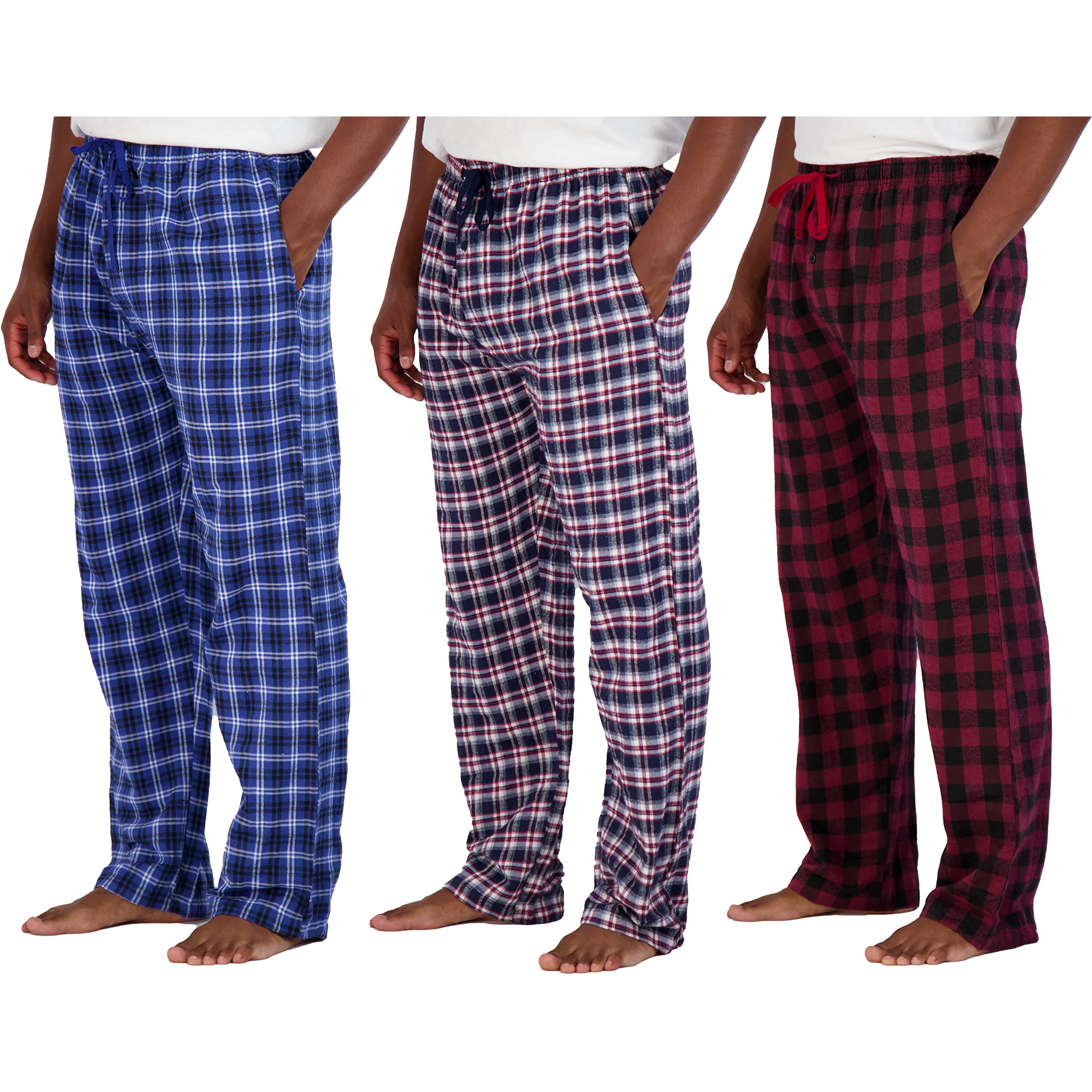 3 Pack Mens Big  Tall King Size Pajama Pants Cotton Super Soft Pajamas Men Flannel Bottoms Fleece Buffalo Plaid Pj Lounge Pants Sleepwear Pijamas Para Hombres Woven Button Fly - Set 9, 3X
