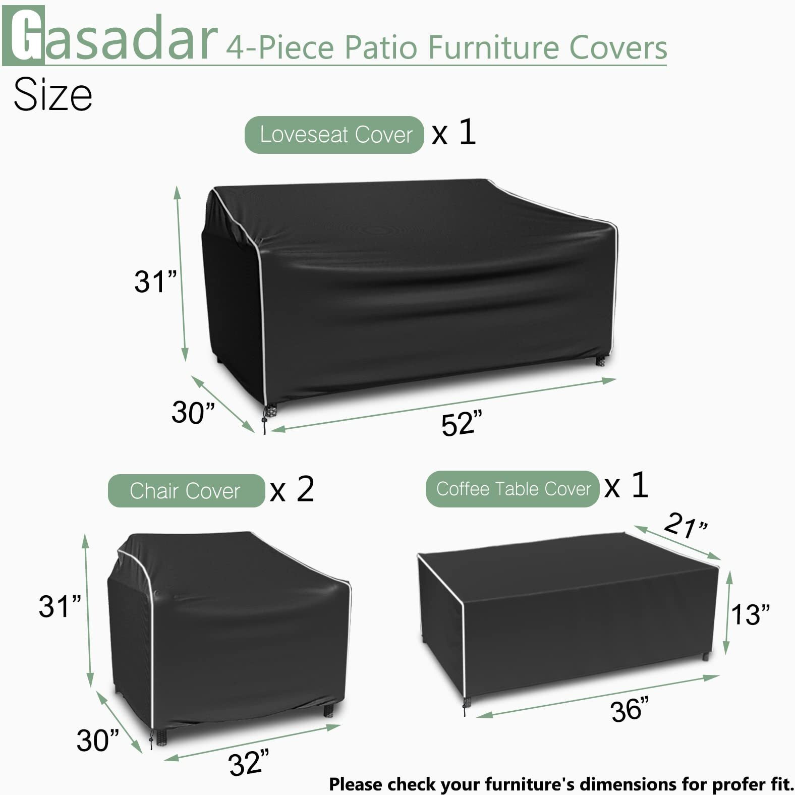 Gasadar Patio Furniture Covers Set, 4 Piece Waterproof Outdoor Furniture Cover For Outdoor Coffee Table, Chair, And Loveseat, Heavy Duty 600D, Black