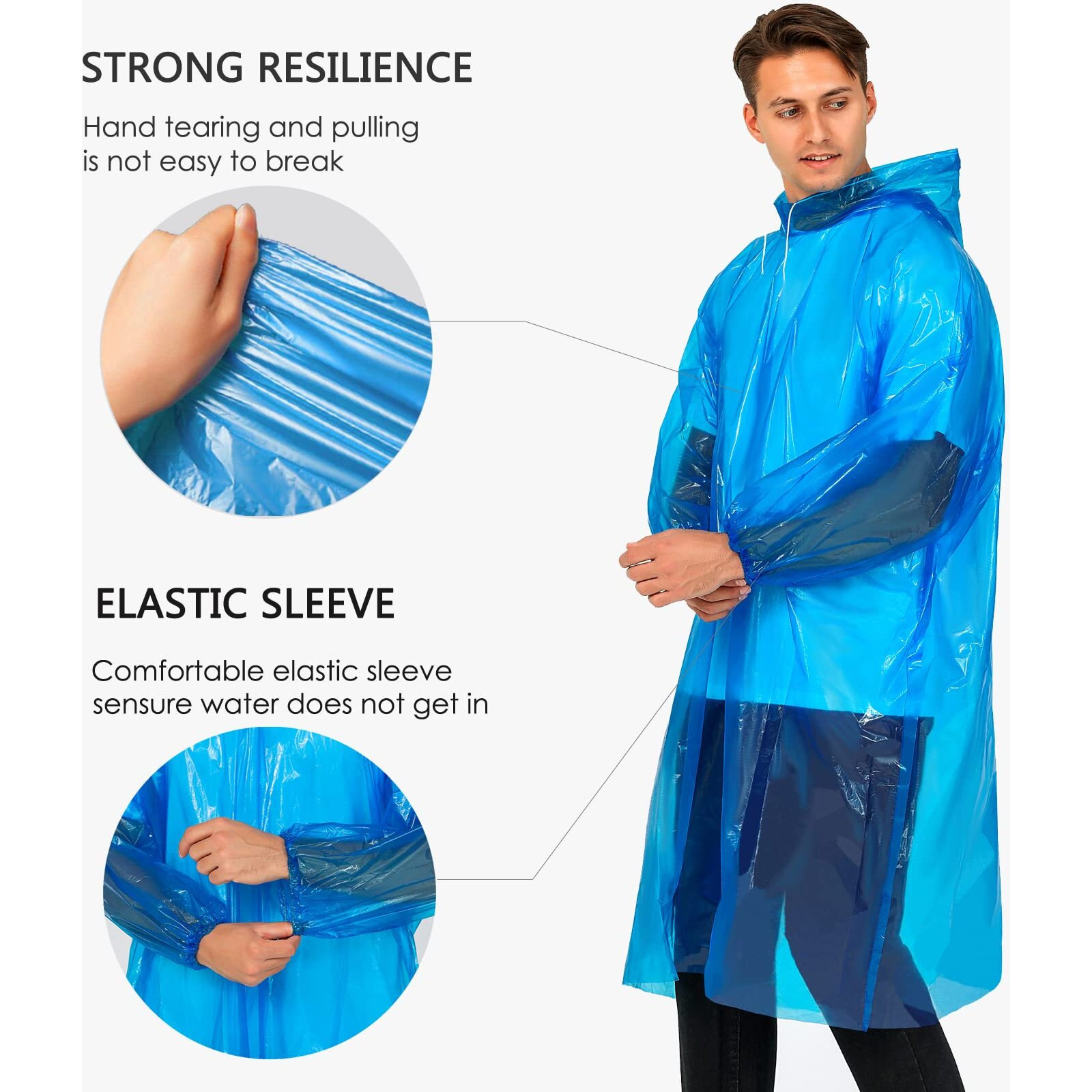 Airpler Disposable Rain Ponchos For Family Adults 10 Pack (5 Blue&5 Clear) - Adult Rain Poncho With Drawstring Hood