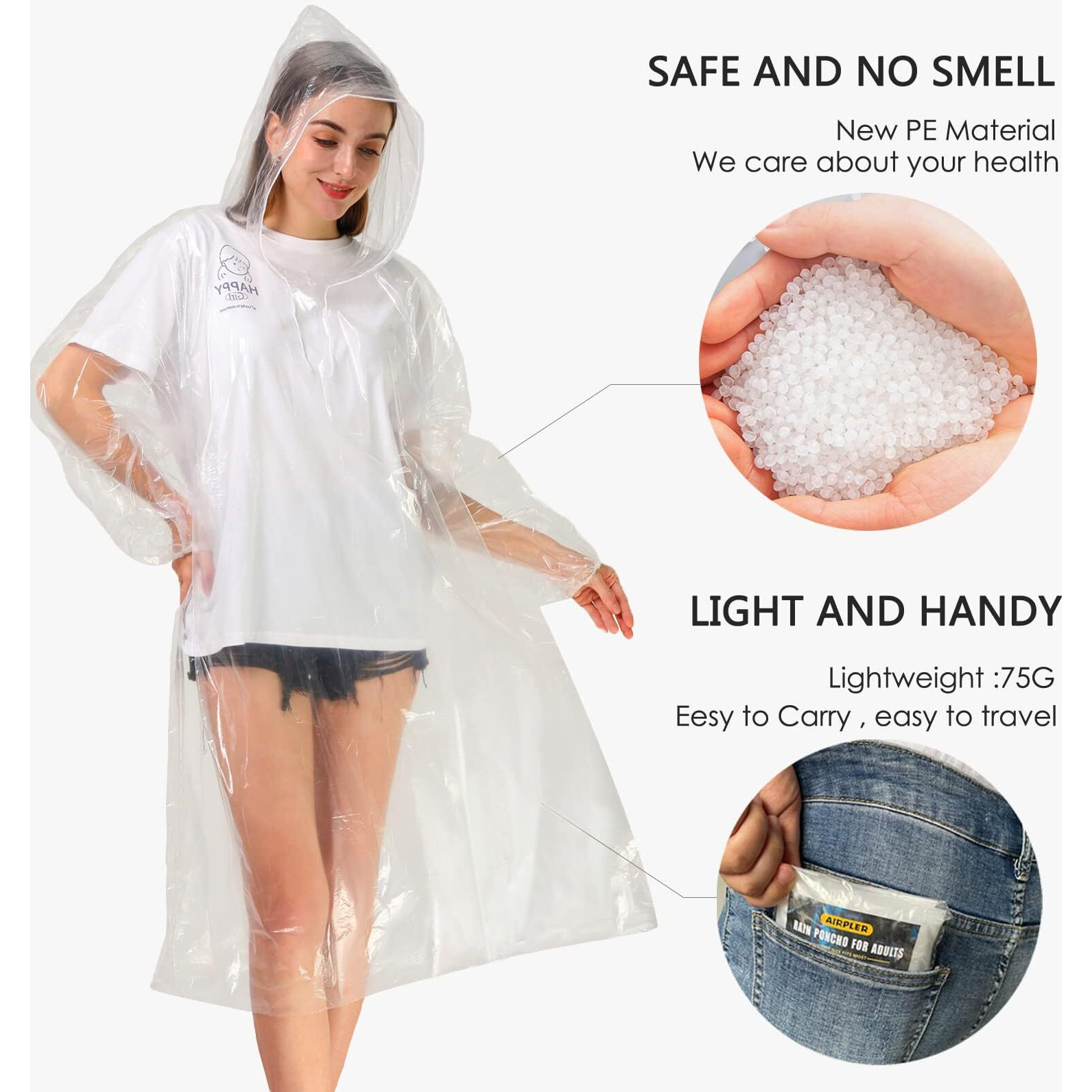 Airpler Disposable Rain Ponchos For Family Adults 10 Pack (5 Blue&5 Clear) - Adult Rain Poncho With Drawstring Hood