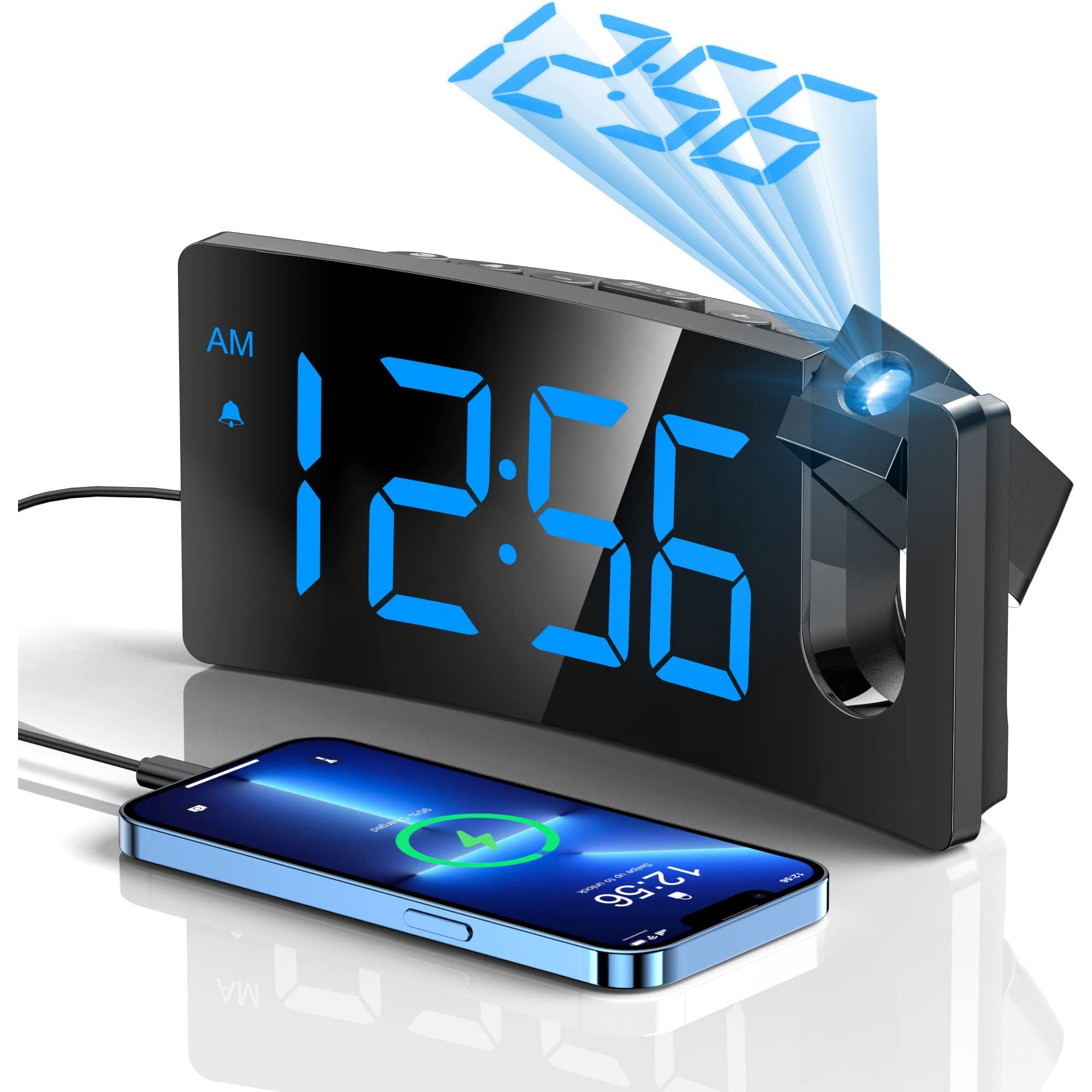 Projection Alarm Clock, Digital Clock With 180A Rotatable Projector, 3-Level Brightness Dimmer, Clear Led Display, Usb Charger, Progressive Volume, 9Mins Snooze,1224H, Digital Alarm Clock For Bedroom