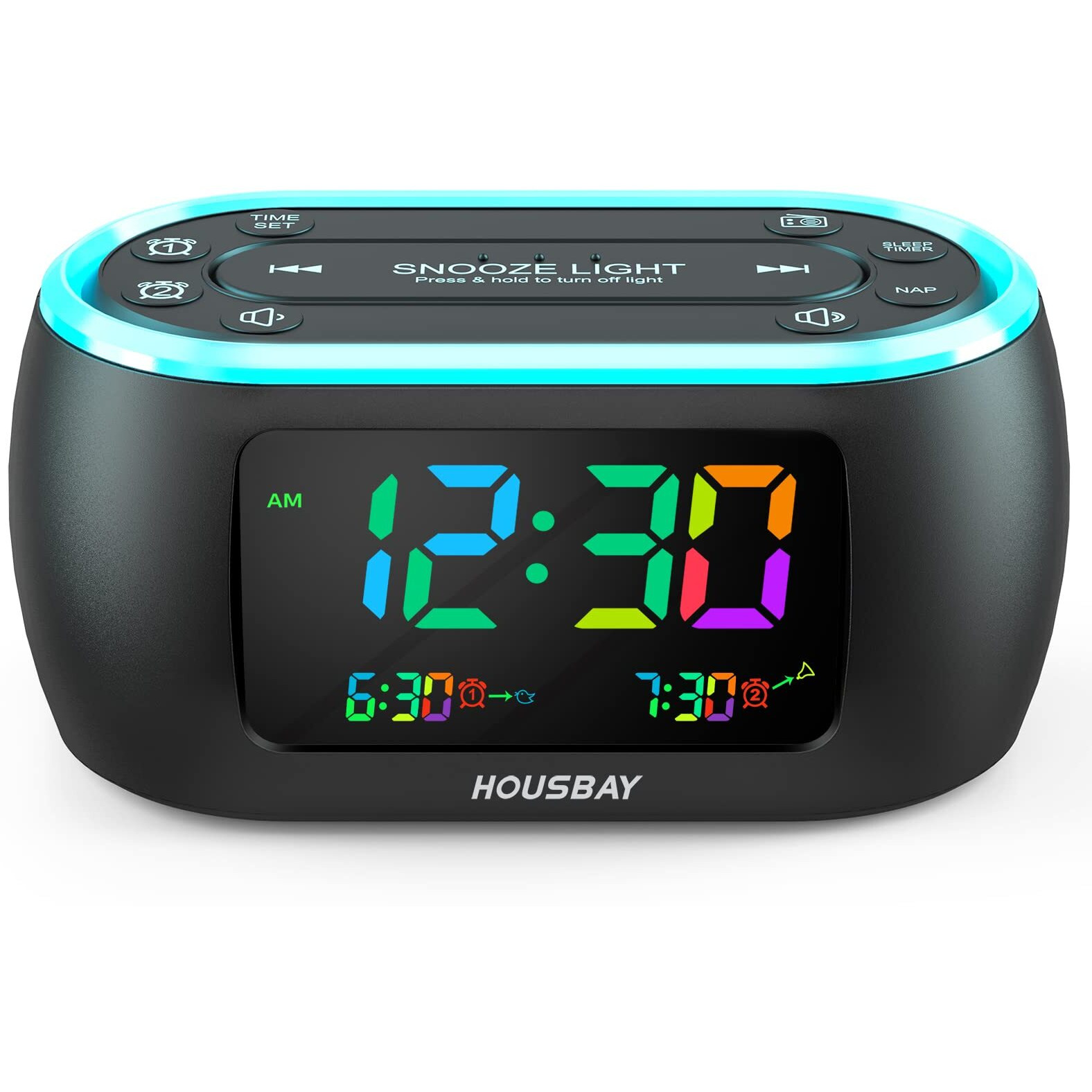 Housbay 3 In 1 Alarm Clock For Bedrooms- Clock Radio & Night Light, Rainbow Digit, Dual Alarm, Small Radio Alarm Clock For Kids, Teens