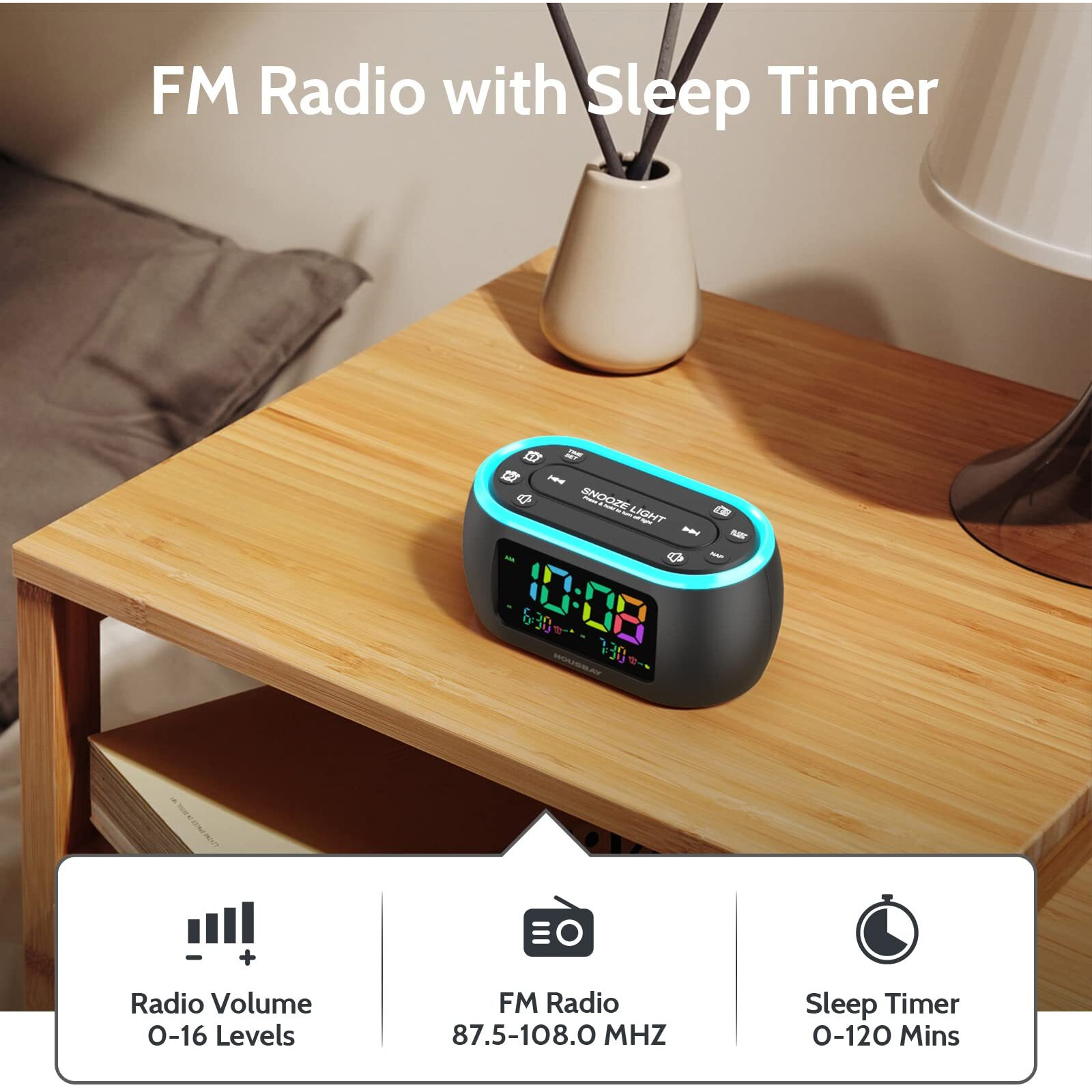 Housbay 3 In 1 Alarm Clock For Bedrooms- Clock Radio & Night Light, Rainbow Digit, Dual Alarm, Small Radio Alarm Clock For Kids, Teens