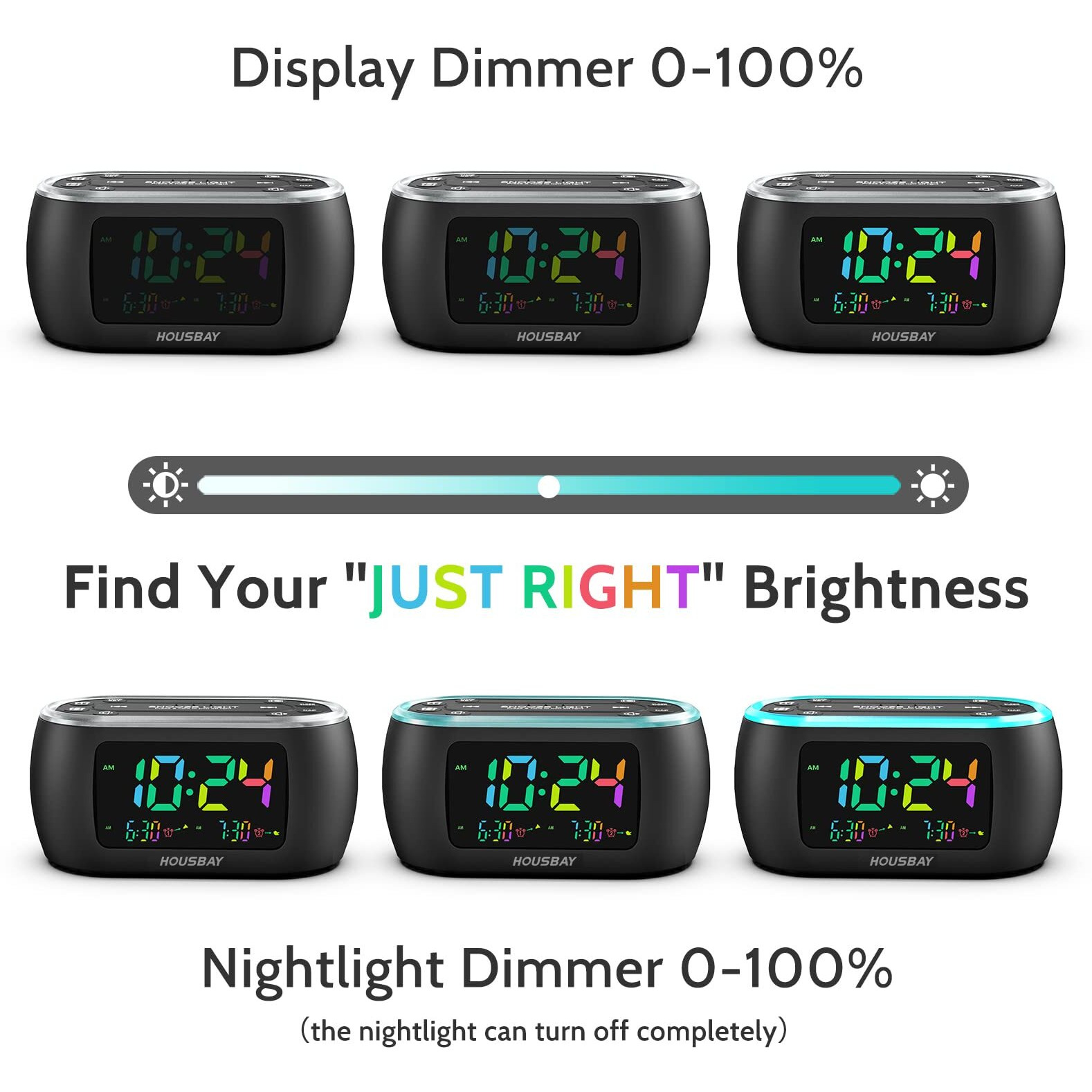 Housbay 3 In 1 Alarm Clock For Bedrooms- Clock Radio & Night Light, Rainbow Digit, Dual Alarm, Small Radio Alarm Clock For Kids, Teens
