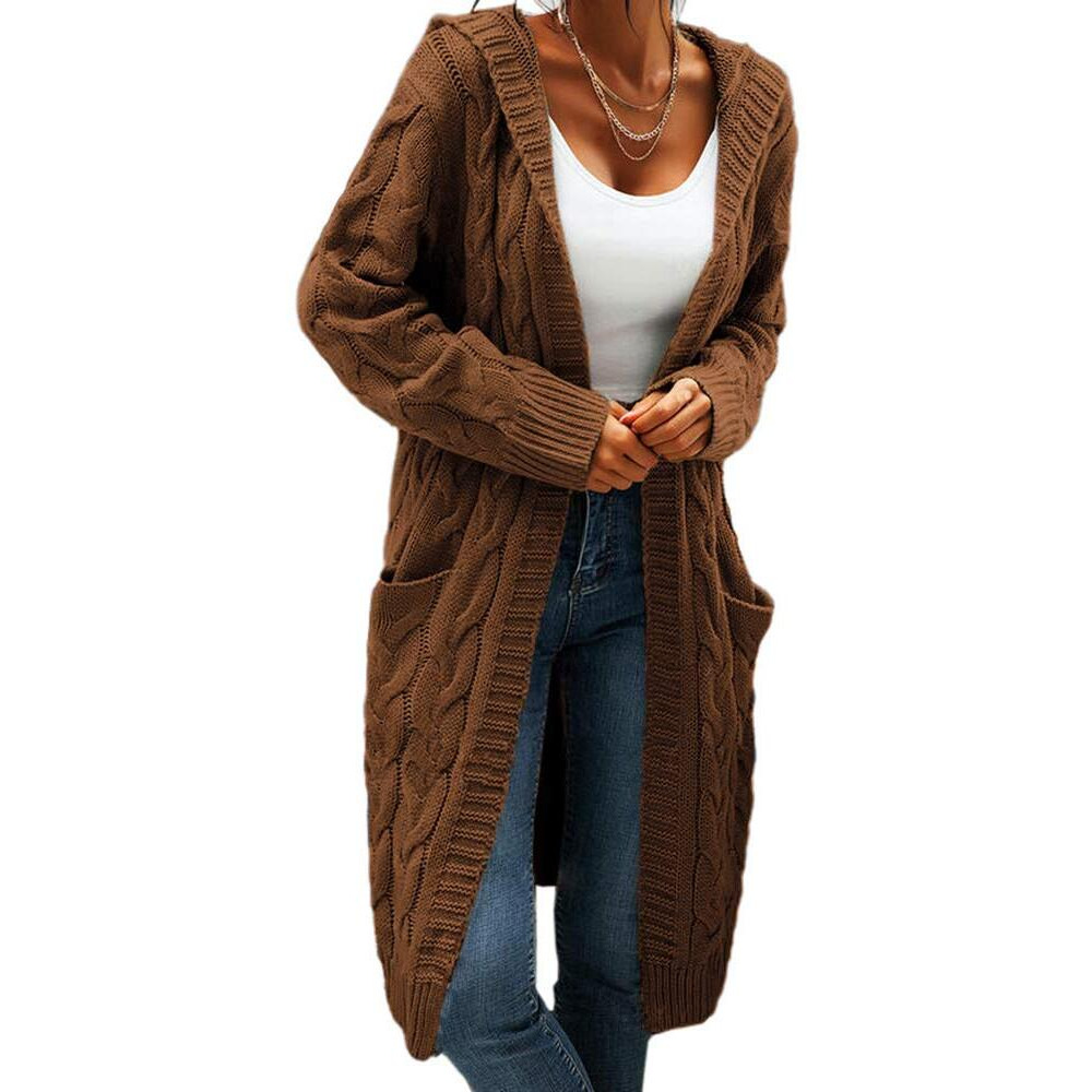Women Hooded Open Front Cardigan Cable Knit Sweaters Solid Color Chunky Long Sweater Coats Brown
