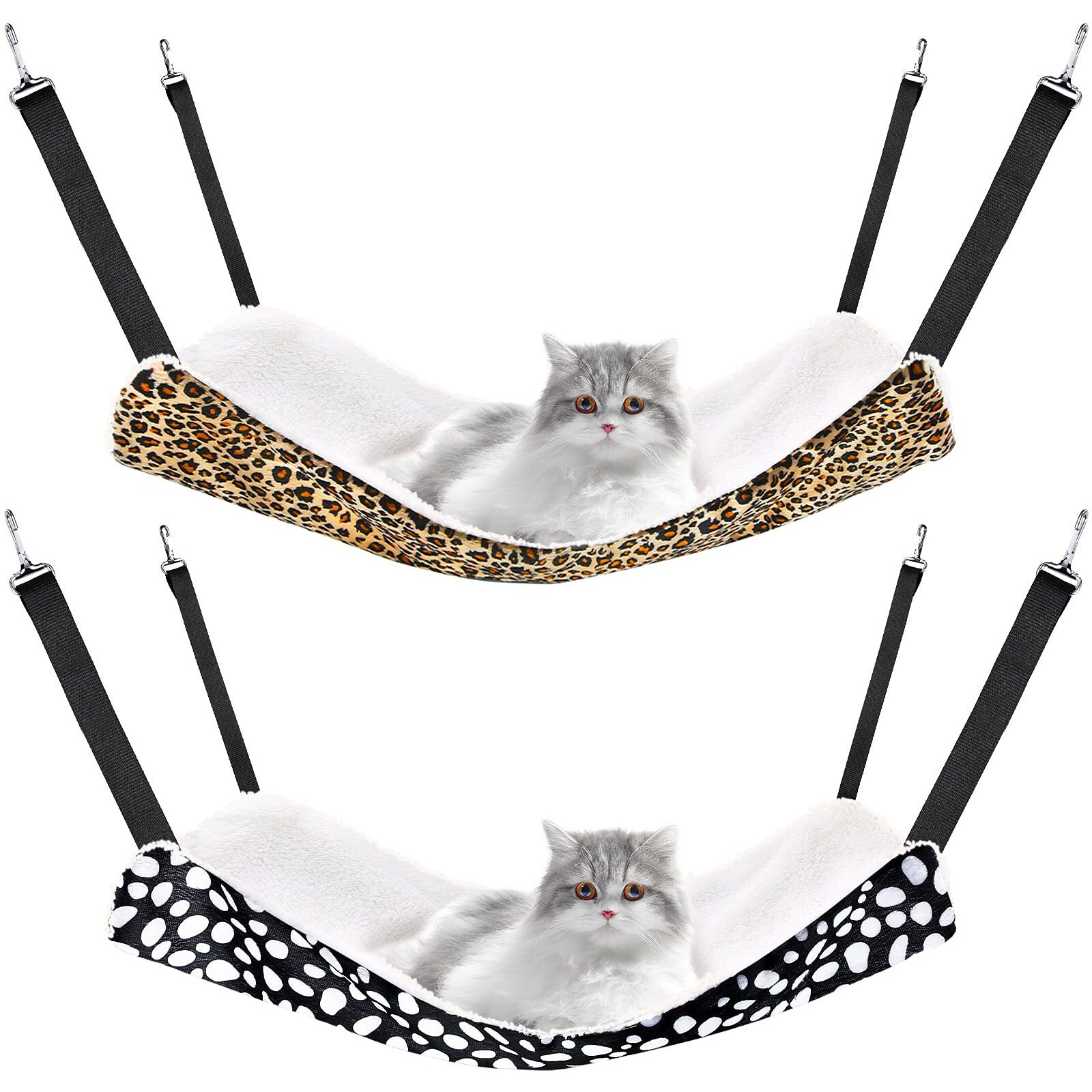2 Pieces Reversible Cat Hanging Hammock Soft Breathable Pet Cage Hammock With Adjustable Straps And Metal Hooks Double Sided Hanging Bed For Small Dogs Rabbits(Leopard And Dot,S)