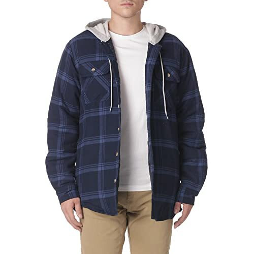 Wrangler Authentics Mens Long Sleeve Quilted Lined Flannel Shirt Jacket With Hood, Navy, X-Large