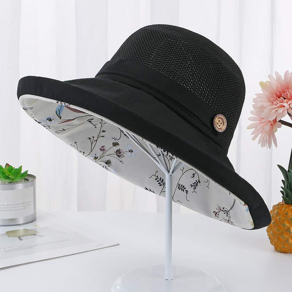 Women Mesh Sun Hats Summer Beach Uv Protection Upf Packable Wide Brim Chin Strap (Black)