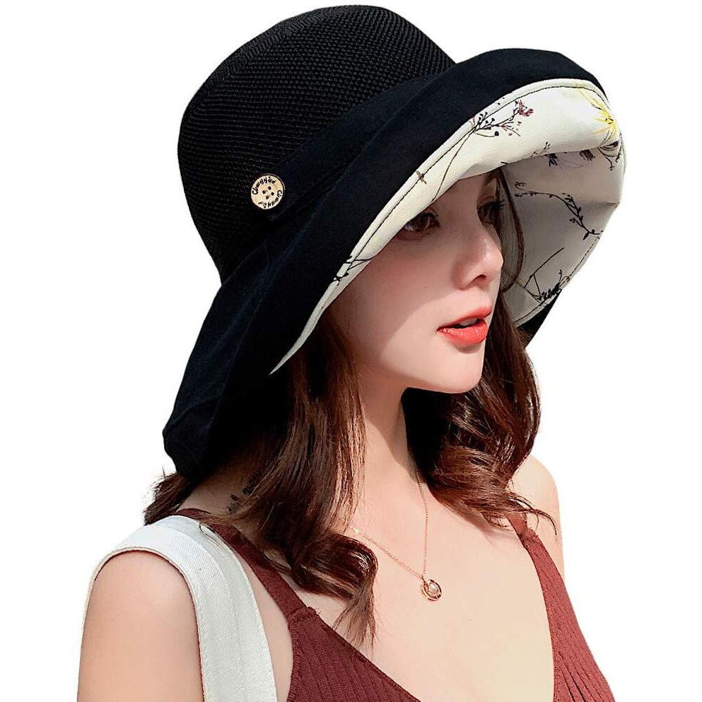 Women Mesh Sun Hats Summer Beach Uv Protection Upf Packable Wide Brim Chin Strap (Black)