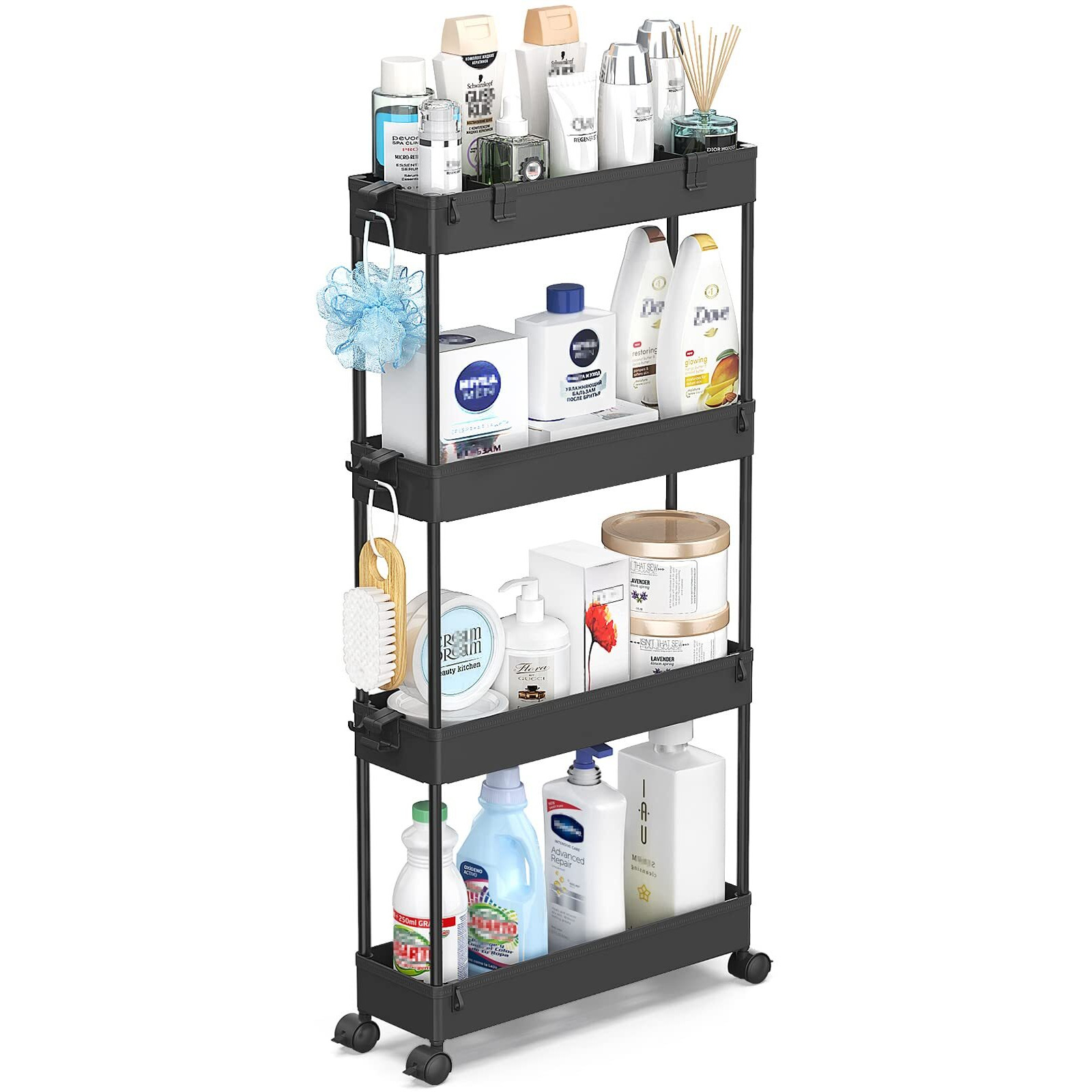Spacelead Slim Storage Cart 4 Tier,Bathroom Storage Organizer Rolling Utility Cart, Mobile Shelving Unit Slide Out Storage Cart For Office, Bathroom, Kitchen, Laundry Room  Narrow Places, Black
