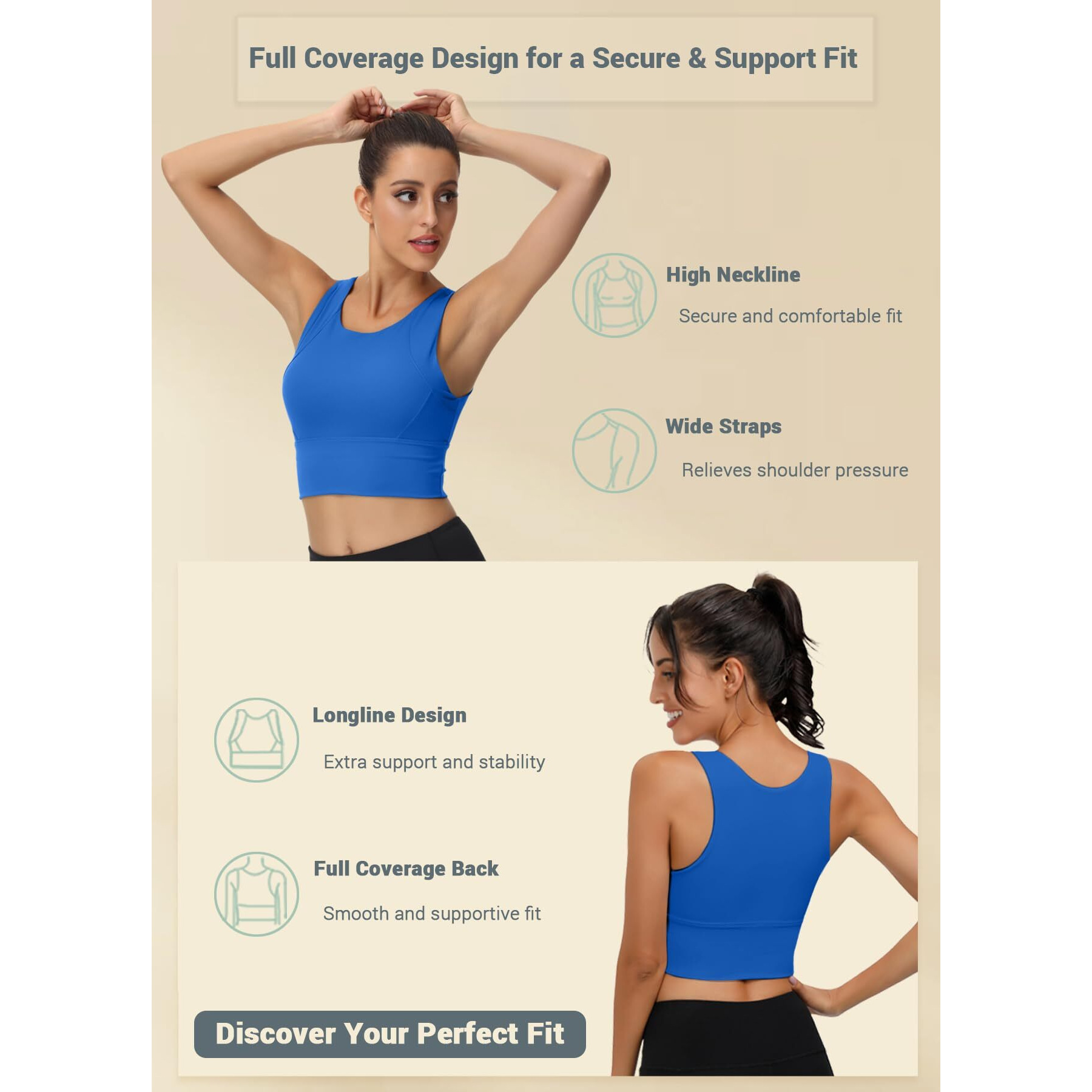 High Neck Sports Bra For Women Longline Full Coverage Sports Bras Medium Impact Padded Workout Crop Tops For Yoga Gym U-Cerulean Blue