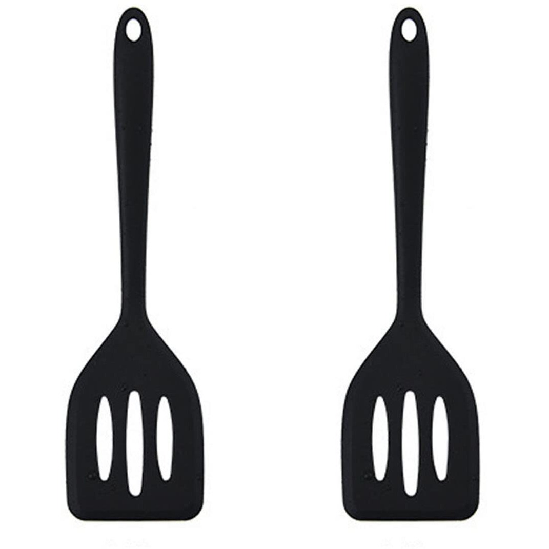 Hoirix 2Pack Small Silicone Turner High Heat Resistant Slotted Spatula For Fish, Eggs, Pancakes And More (12 In, Black)