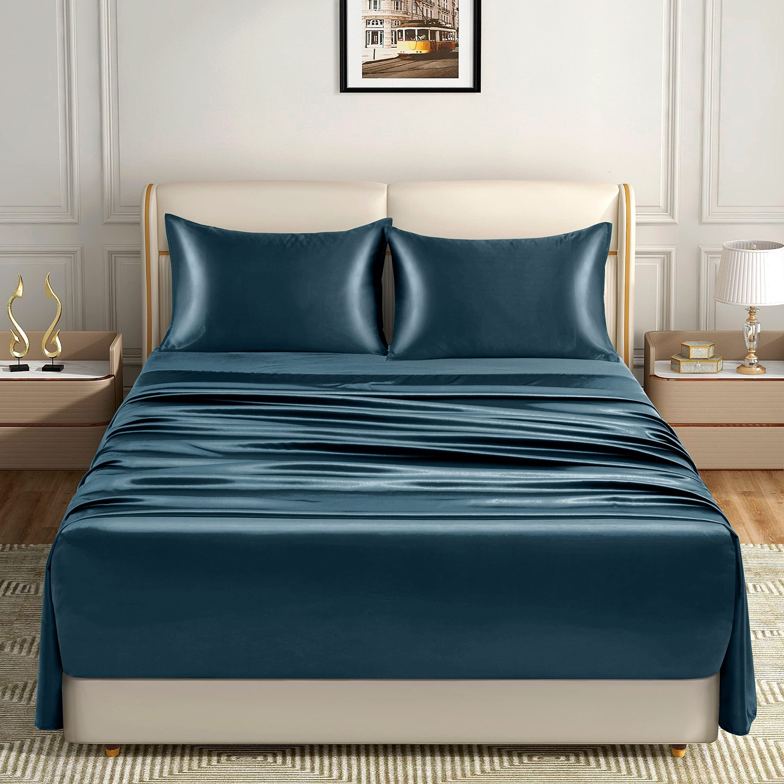 Homiest 4Pcs Extra Deep Pocket Satin Sheets King Size Bed Set, 18-24 Inch Deep Pocket Bed Sheets Deep Sea Blue Satin Sheet Set, Silky Satin Bedding Set Soft Fitted Sheet Set Fits Ultra Deep Mattress