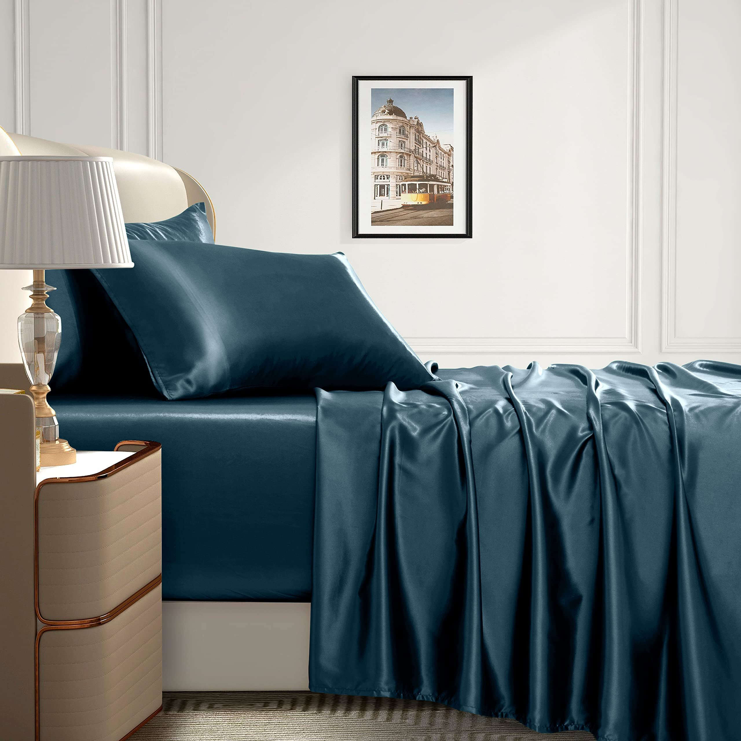 Homiest 4Pcs Extra Deep Pocket Satin Sheets King Size Bed Set, 18-24 Inch Deep Pocket Bed Sheets Deep Sea Blue Satin Sheet Set, Silky Satin Bedding Set Soft Fitted Sheet Set Fits Ultra Deep Mattress