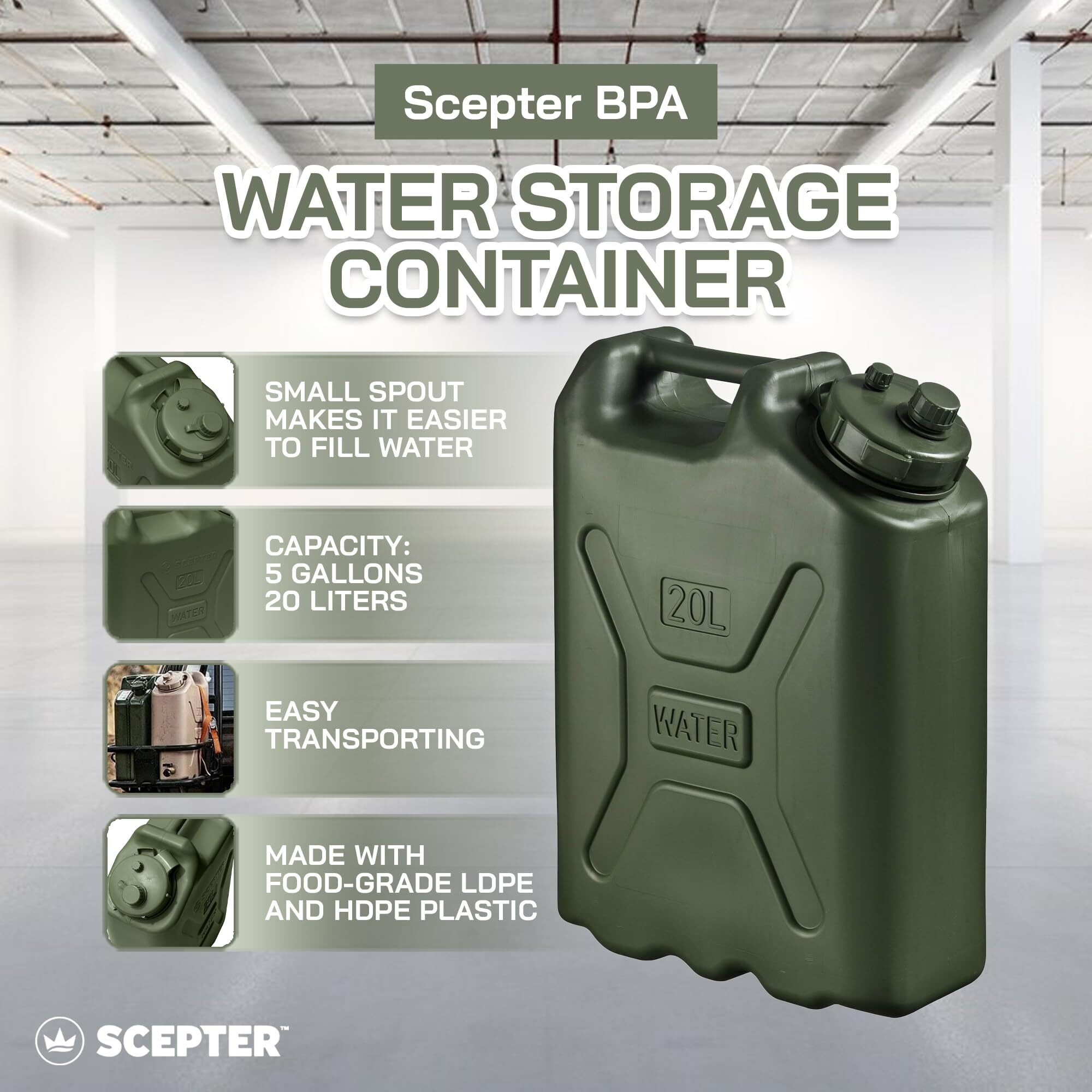 Scepter 3-Pack Portable Water Container, Military Style Storage For Camping, 5 Gallon