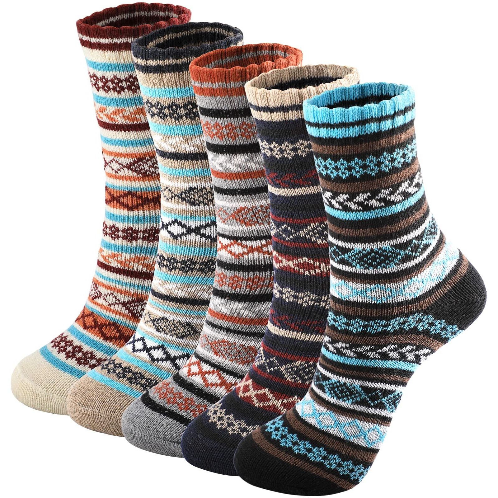 Trifabricy 5 Pairs Cozy Vintage Knit Socks - Warm Thick Winter Socks For Women And Men, Soft Crew Hiking Socks, Fashion Gift