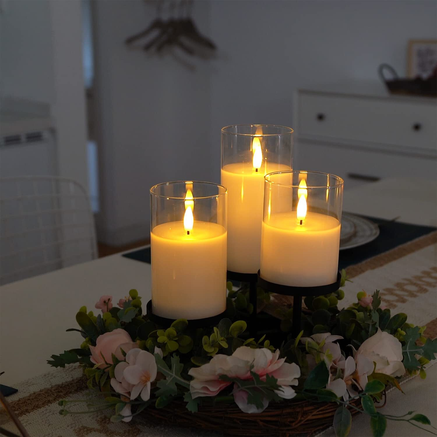 Amagic Clear Glass Flameless Candles Battery Operated With Timer, Remote Control, Led Pillar Candles, Battery Powered, Pure White Wax, Set Of 3