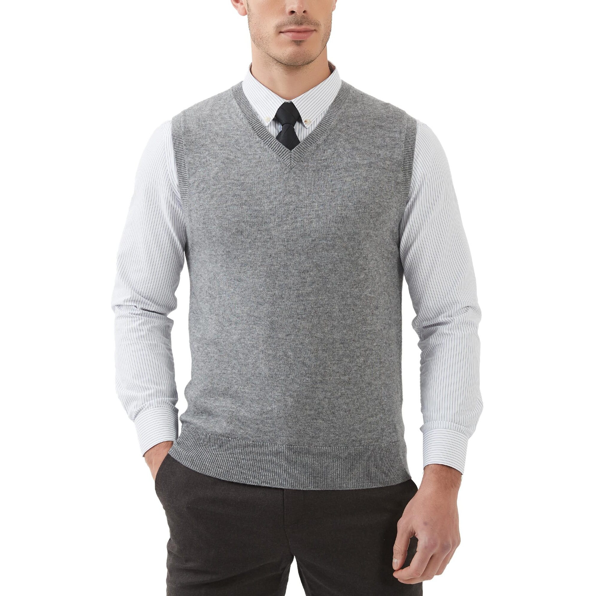 Kallspin Men 's Big & Tall Wool Blended Vest Sweater Relaxed Fit V Neck Sleeveless Knitted Pullover (Light Grey Xl-Tall)