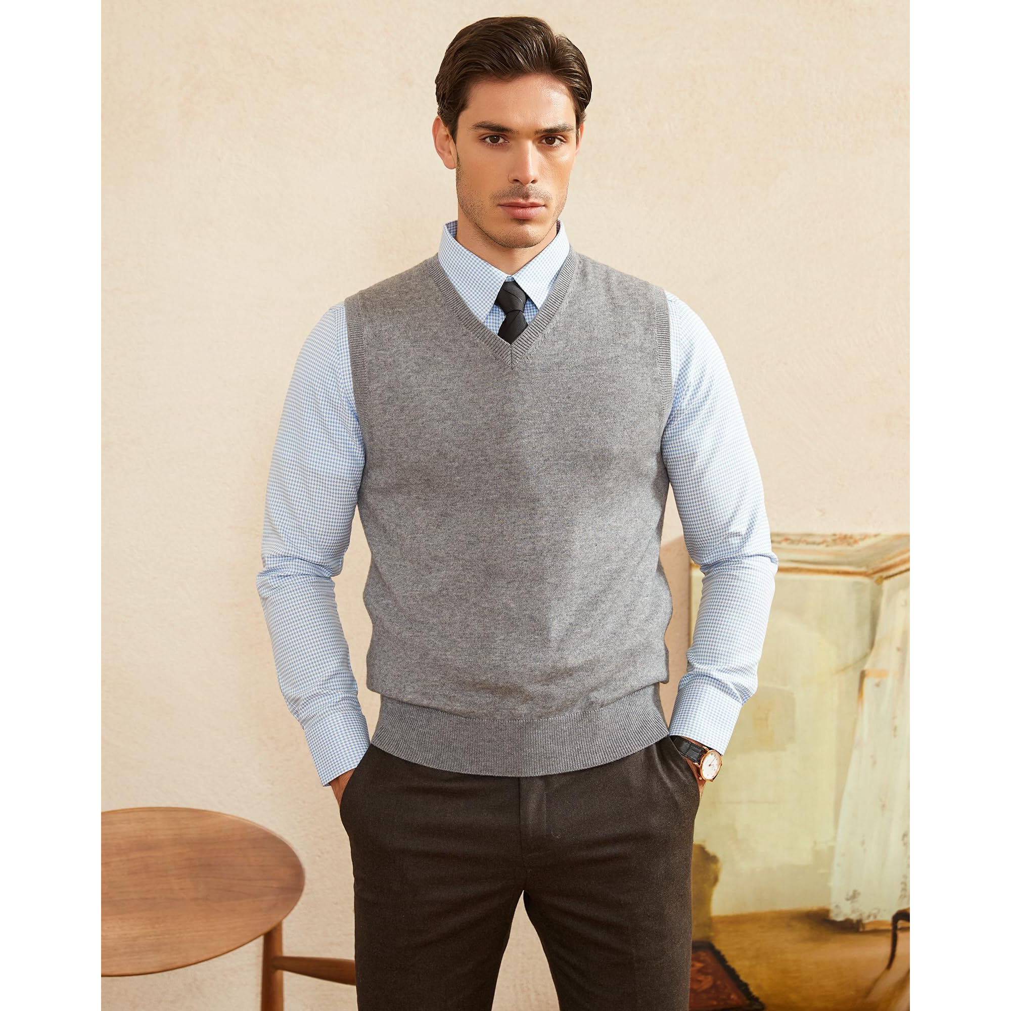 Kallspin Men 's Big & Tall Wool Blended Vest Sweater Relaxed Fit V Neck Sleeveless Knitted Pullover (Light Grey Xl-Tall)