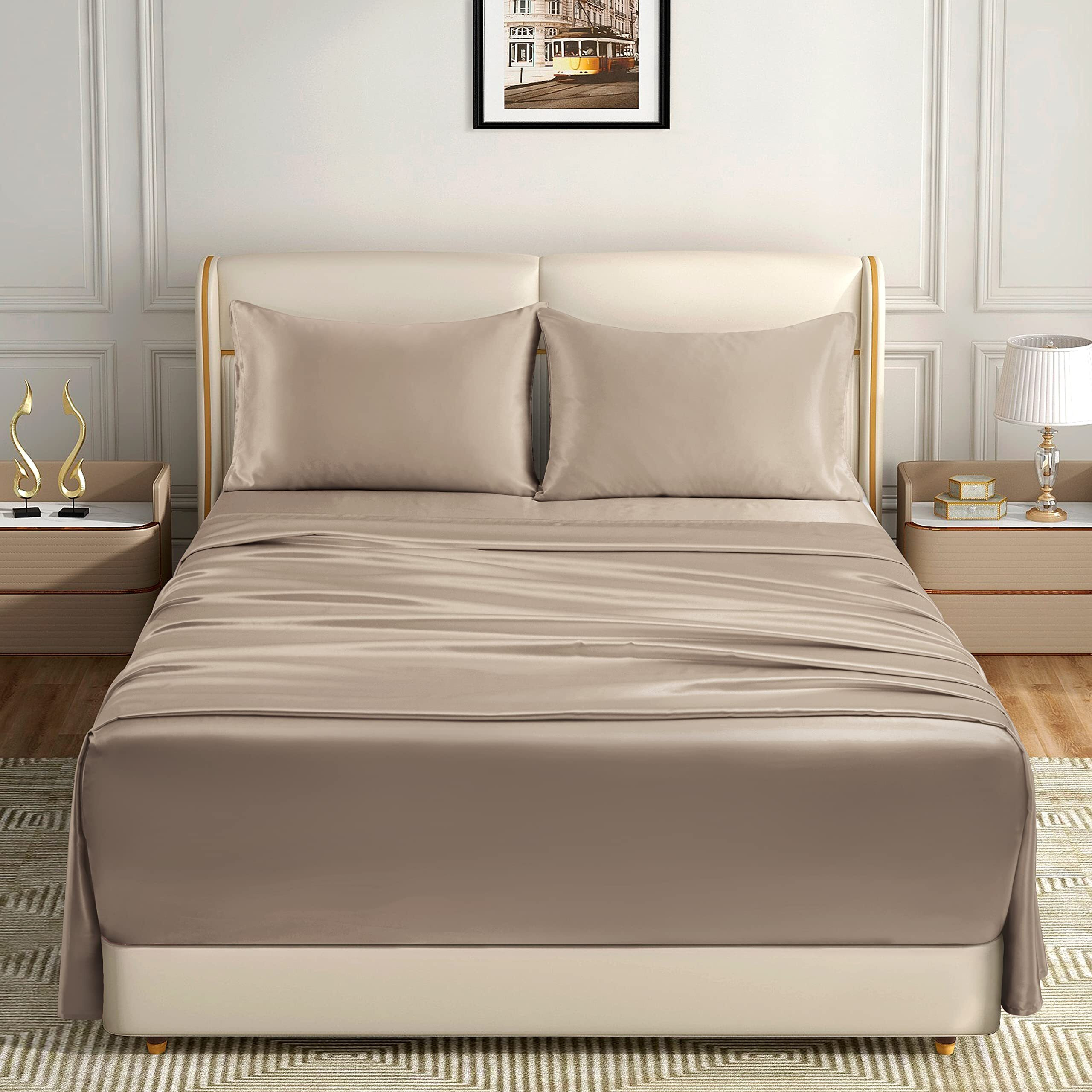 Homiest 4Pcs Extra Deep Pocket Satin Sheets King Size Bed Set, 18-24 Inch Deep Pocket Bed Sheets Taupe Satin Sheet Set, Silky Satin Bedding Set Luxury Fitted Sheet Set Fits Ultra Deep Mattress