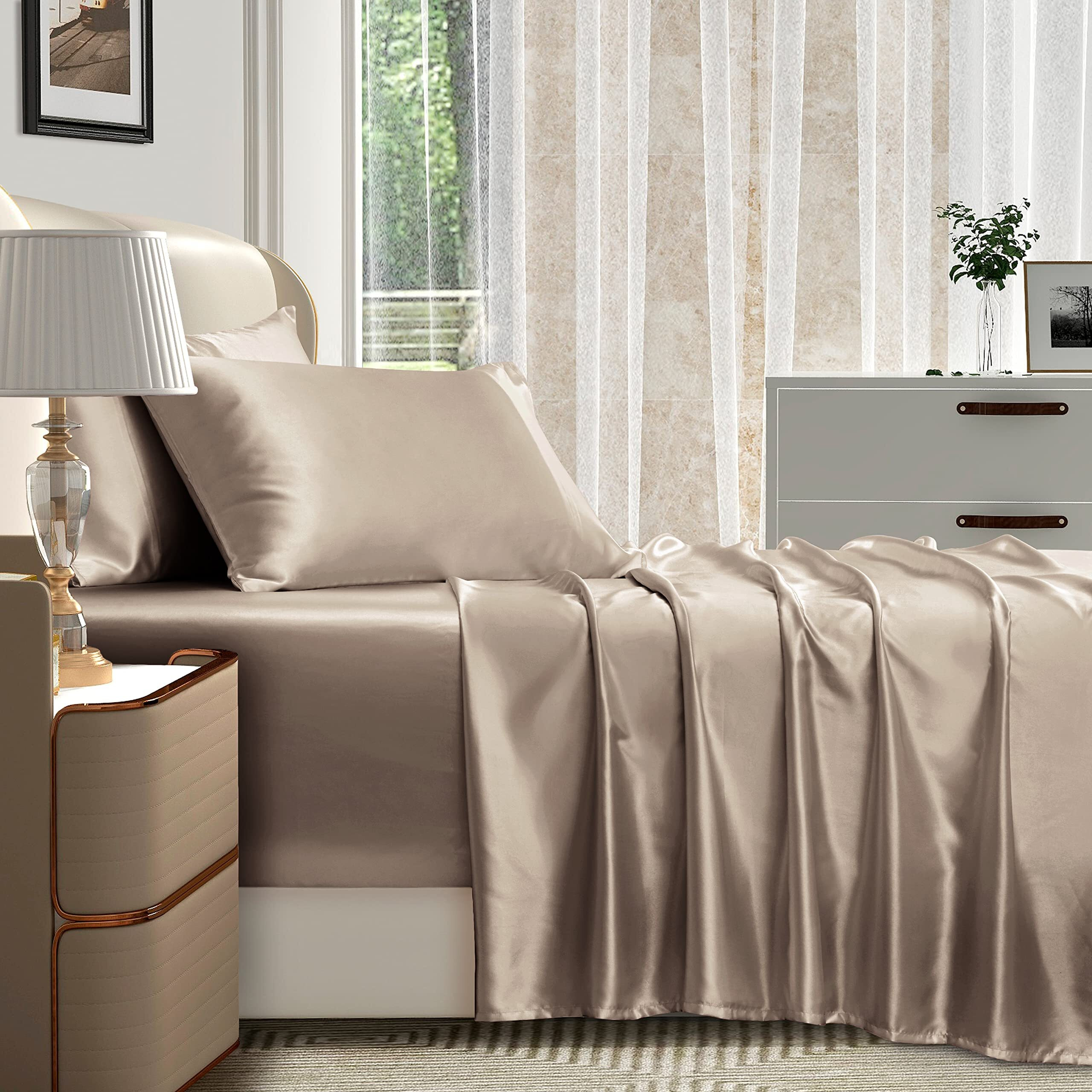 Homiest 4Pcs Extra Deep Pocket Satin Sheets King Size Bed Set, 18-24 Inch Deep Pocket Bed Sheets Taupe Satin Sheet Set, Silky Satin Bedding Set Luxury Fitted Sheet Set Fits Ultra Deep Mattress