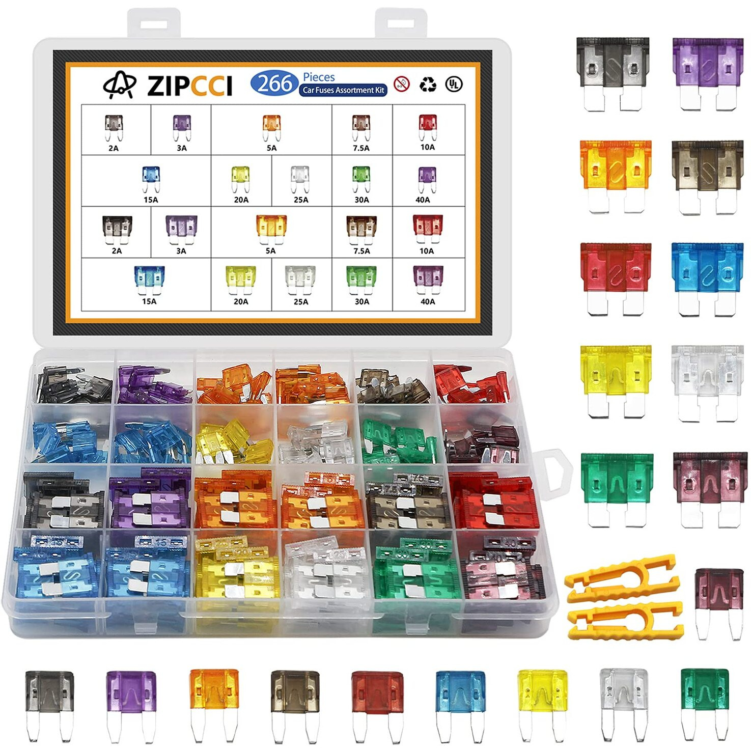 Zipcci 266 Pcs - Car Fuses Assortment Kit, Mini  Standard Automotive Fuses - Blade Auto Fuse For Rv Accessories, Marine, Camper, Travel Trailers, Boat (2A3A5A75A10A15A20A25A30A40Amp)