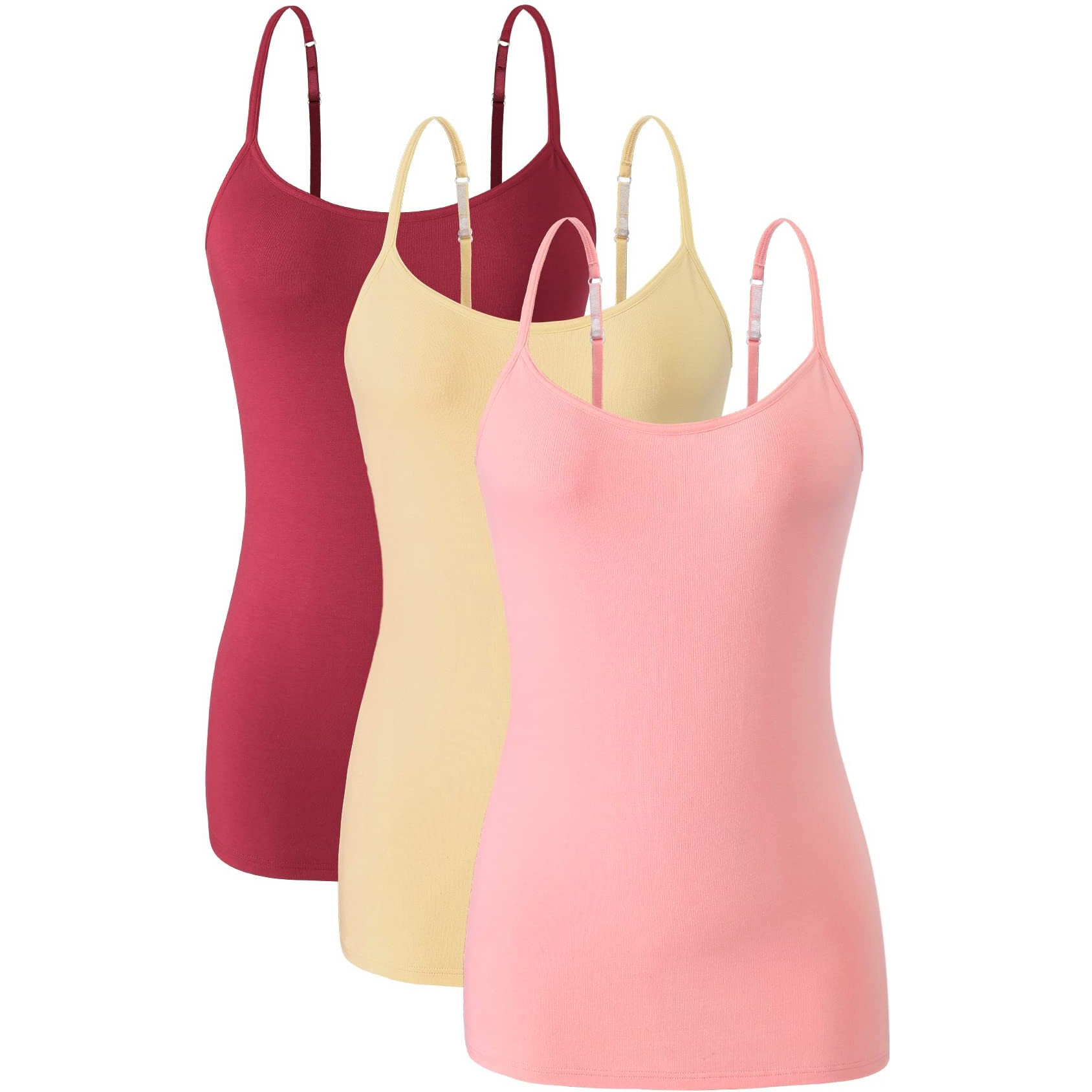 Orrpally Women Cotton Camisole Shelf Bra Cami Tank Tops Adjustable Spaghetti Strap Tank Top 3-Pack Wine Redapricotpink S