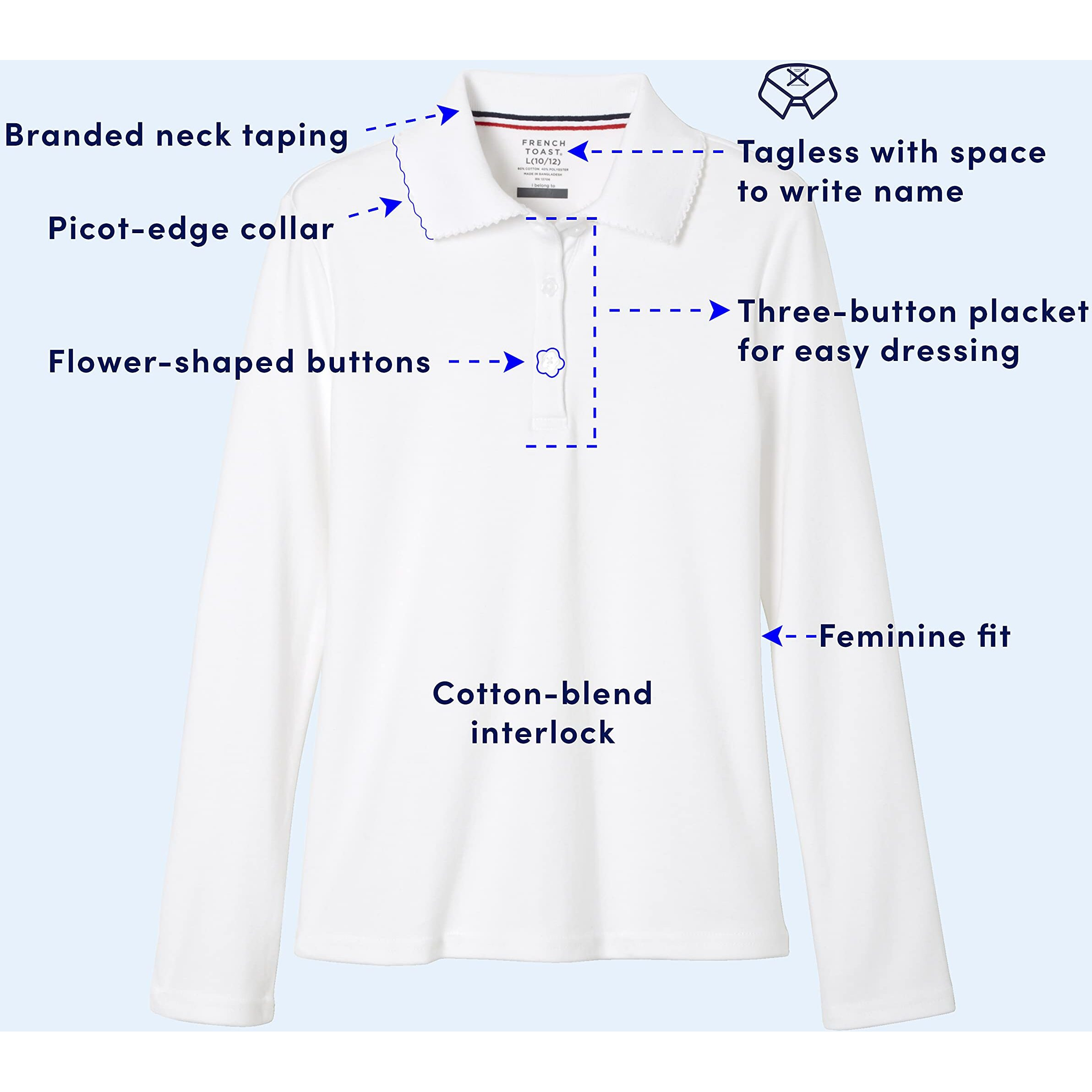 French Toast Girls Size' Uniform Long Sleeve Polo With Picot Collar (Standard & Plus), Navy, 10/12 Plus