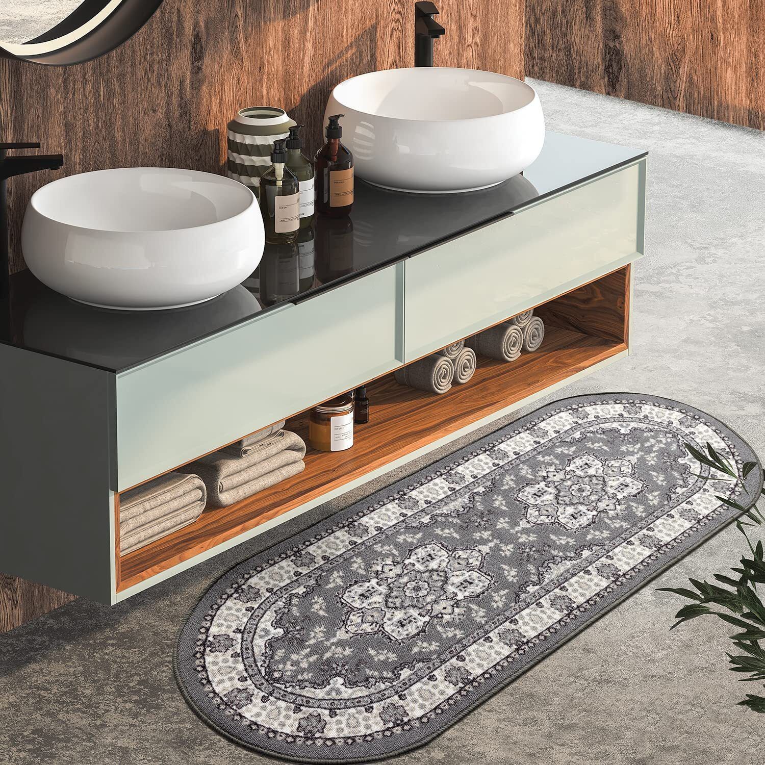 Antep Rugs Alfombras Oriental Traditional 2X5 Non-Skid (Non-Slip) Low Profile Pile Rubber Backing Kitchen Area Rugs (Gray, 2 X 5 Oval)