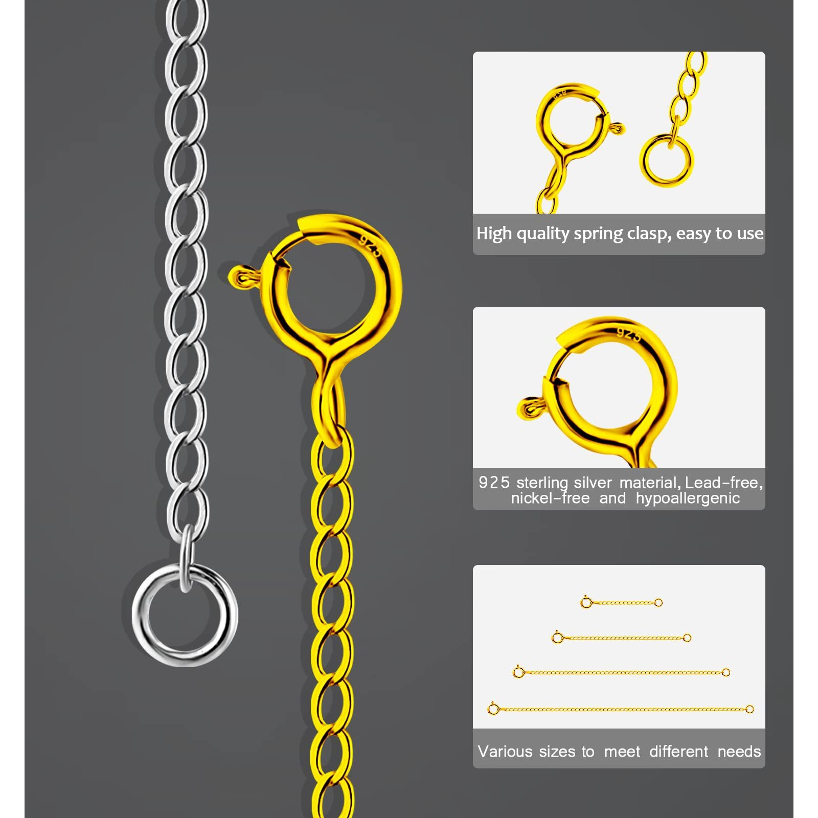 8Pcs 925 Sterling Silver Necklace Extender, Gold And Silver Chain Extenders Bracelet Anklet Extension For Women Multiple Necklaces Jewelry (1   , 2   , 3   , 4   )