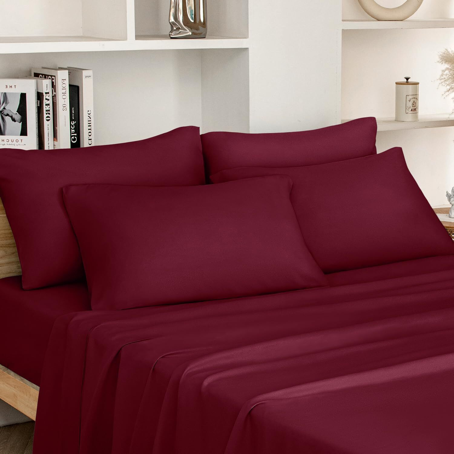 Homeideas King Size Bed Sheets - 6 Piece Set (Burgundy) - Extra Soft Brushed Microfiber 1800 Bedding Sheets, Maroon Sheets, Deep Pocket, Wrinkle & Fade Free