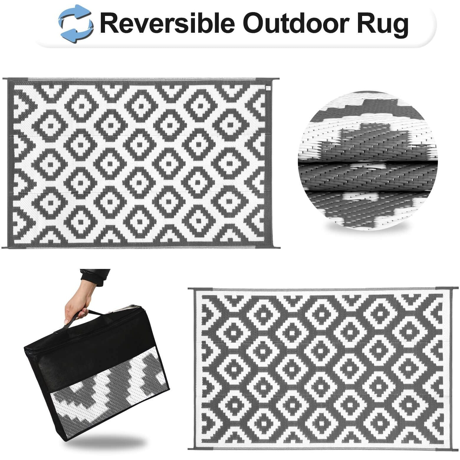 Outdoorlines Outdoor Reversible Rugs For Patio 9X12 Ft - Plastic Area Rug, Stain & Uv Resistant Portable Rv Carpet, Plastic Straw Mats For Porch, Pool Deck And Camping Diamond/Gray & White