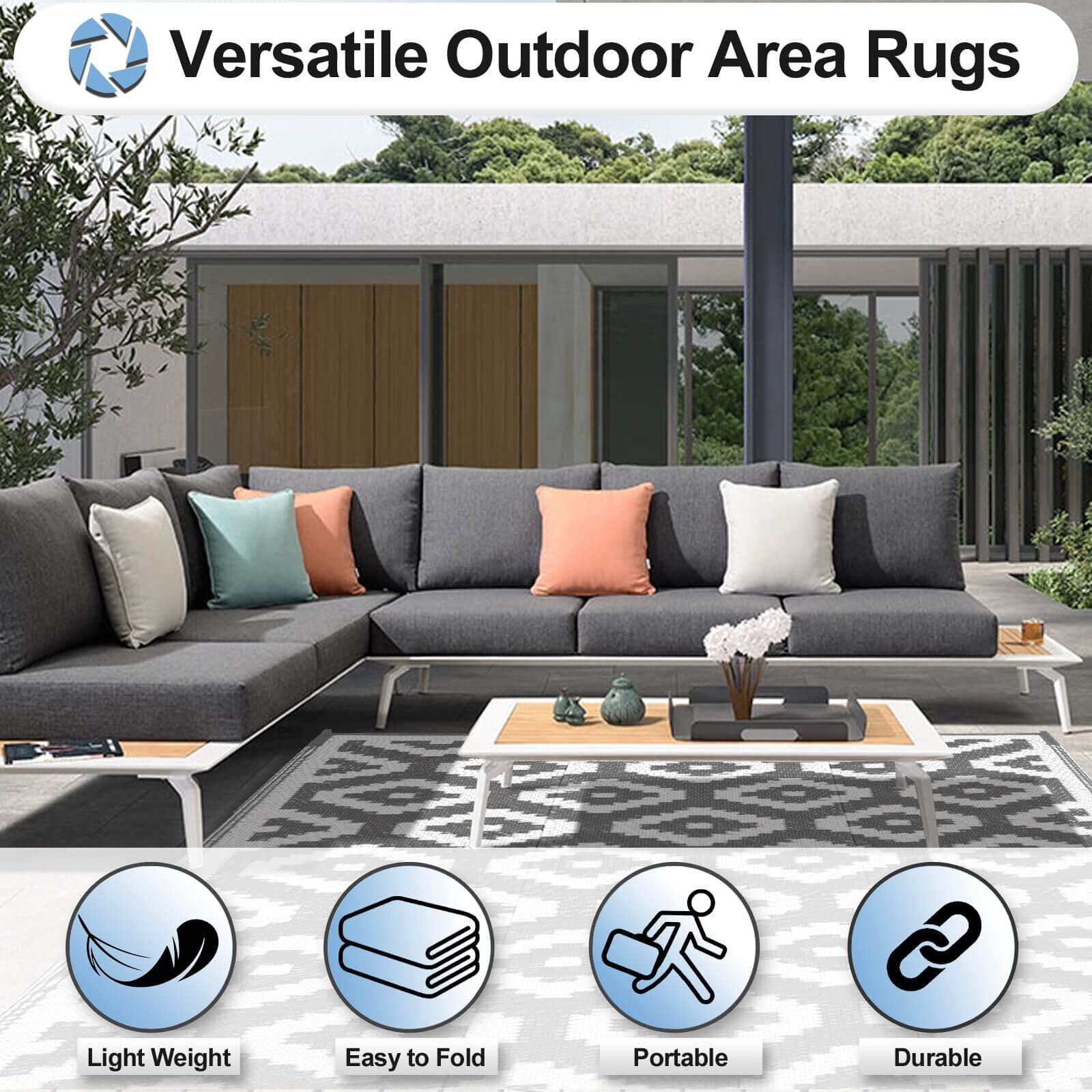 Outdoorlines Outdoor Reversible Rugs For Patio 9X12 Ft - Plastic Area Rug, Stain & Uv Resistant Portable Rv Carpet, Plastic Straw Mats For Porch, Pool Deck And Camping Diamond/Gray & White